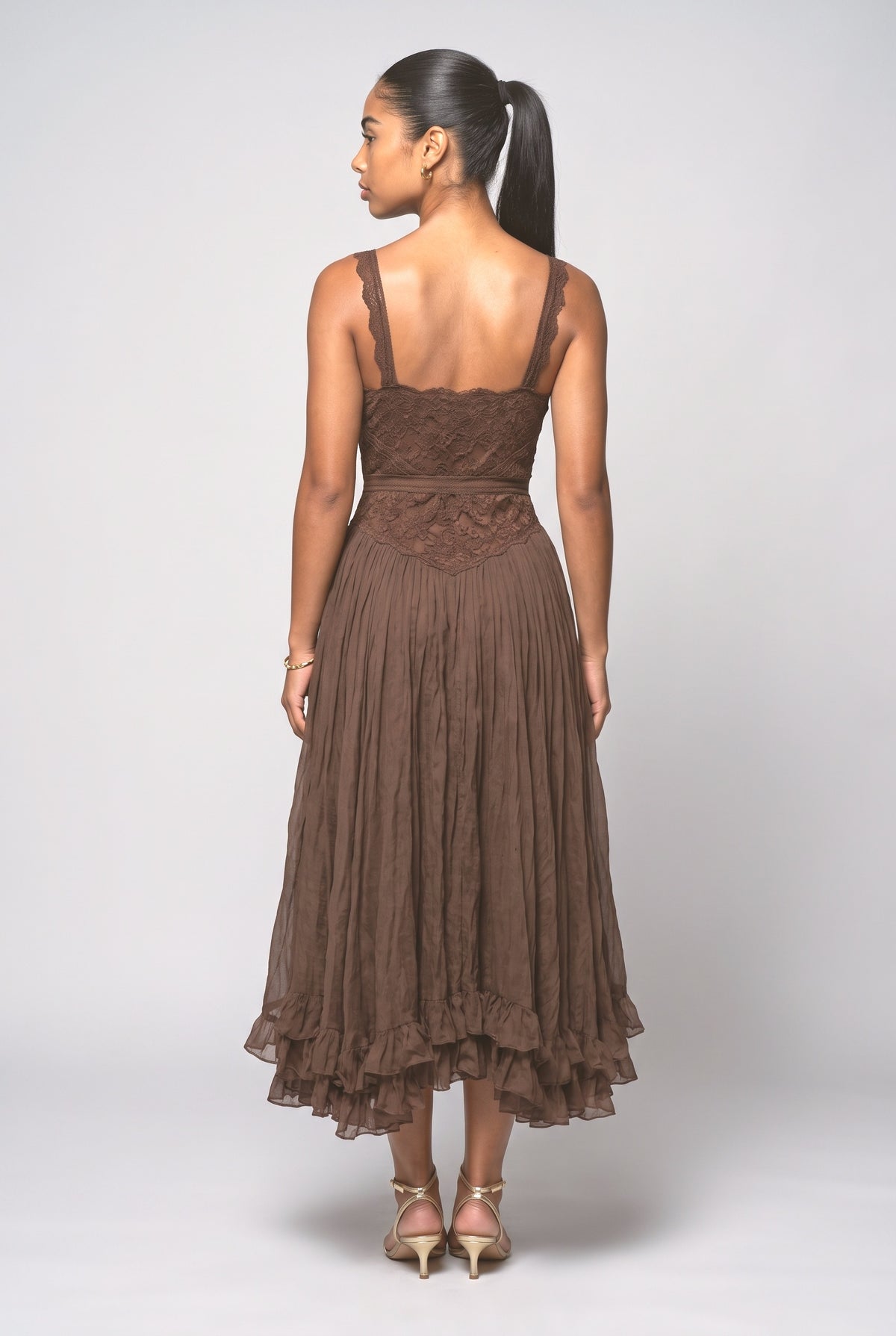 Brown Lace V-Neck Ruffle Midi Dress, back view