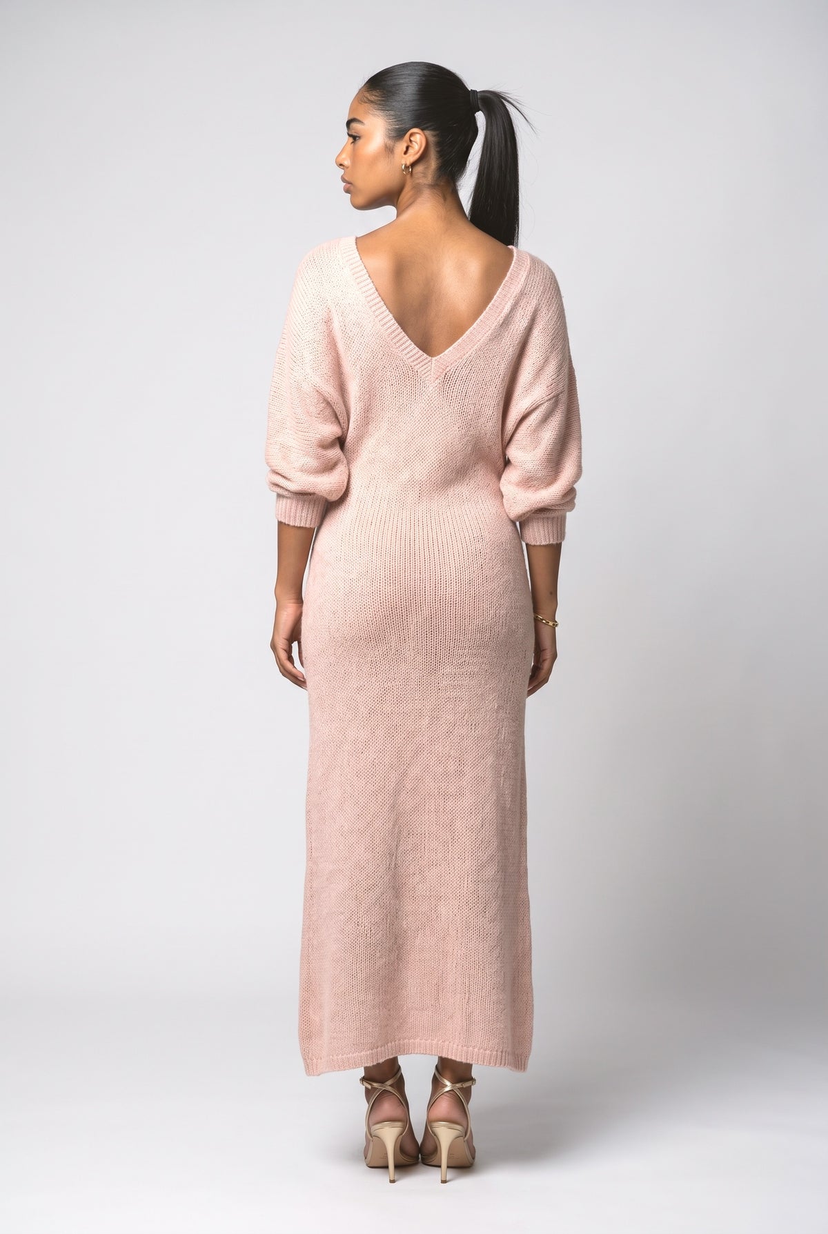 Pink Knit V-Neck Maxi Dress, back view