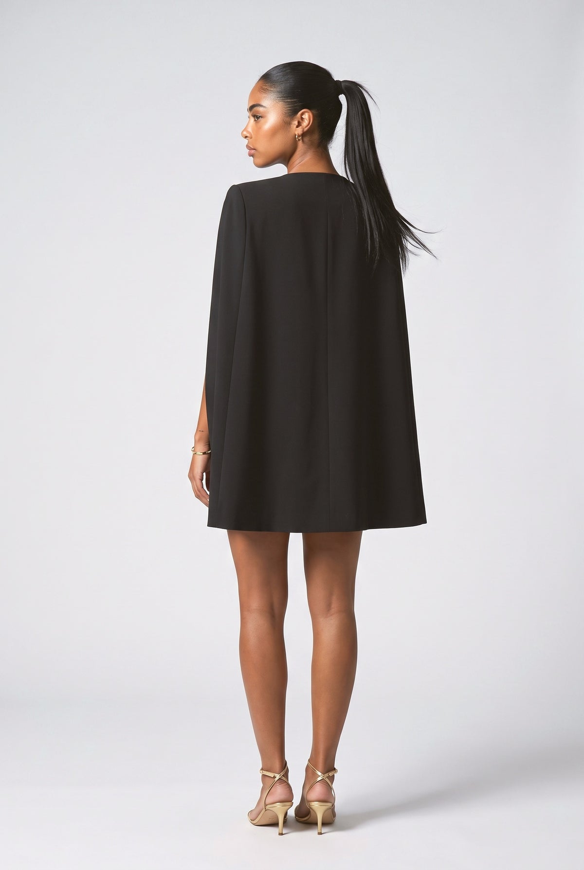 Black V-Neck Cape Mini Dress, back view