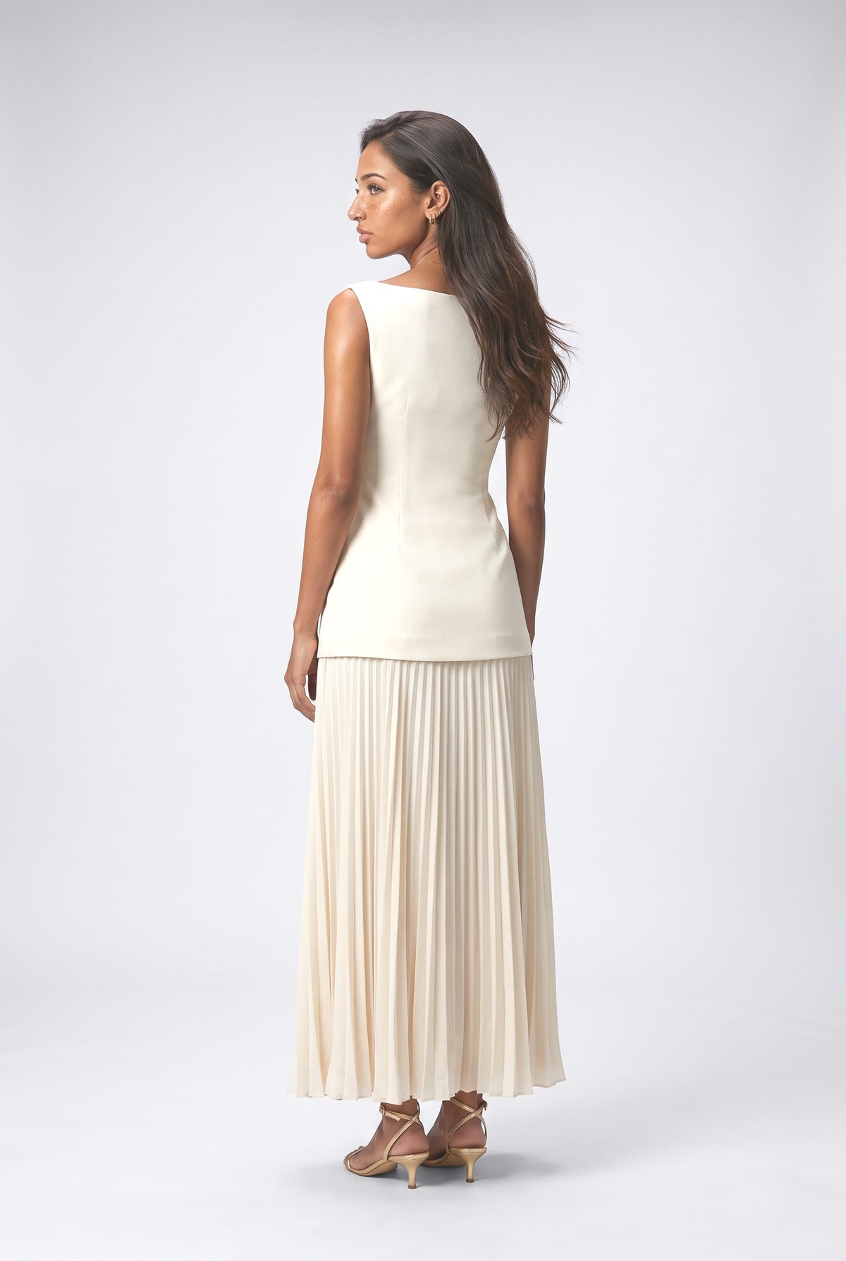 Pleated Boat Neck Pleated Maxi Dress, back view