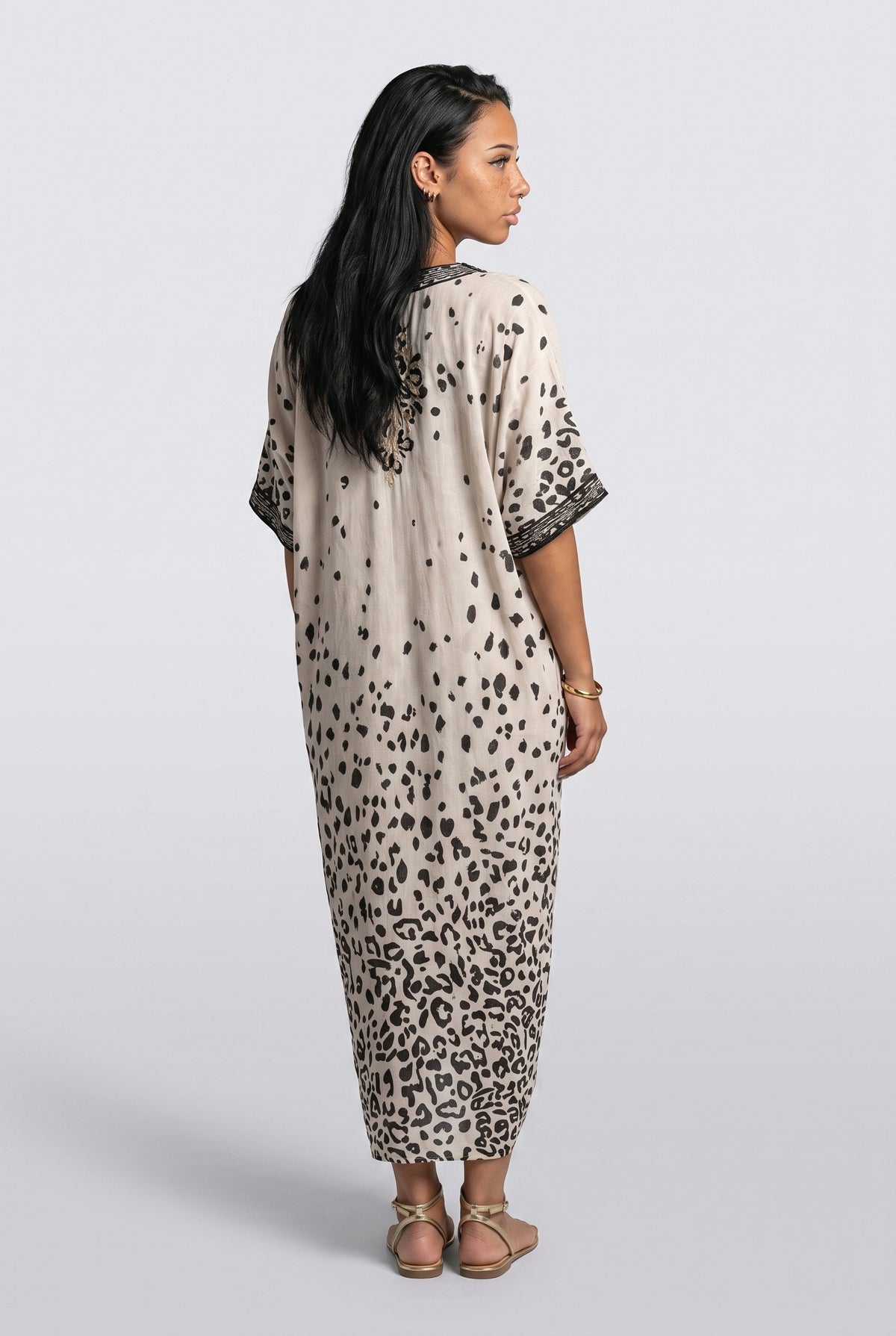 Beige Leopard V-Neck Batwing Sleeve Maxi Dress, back view