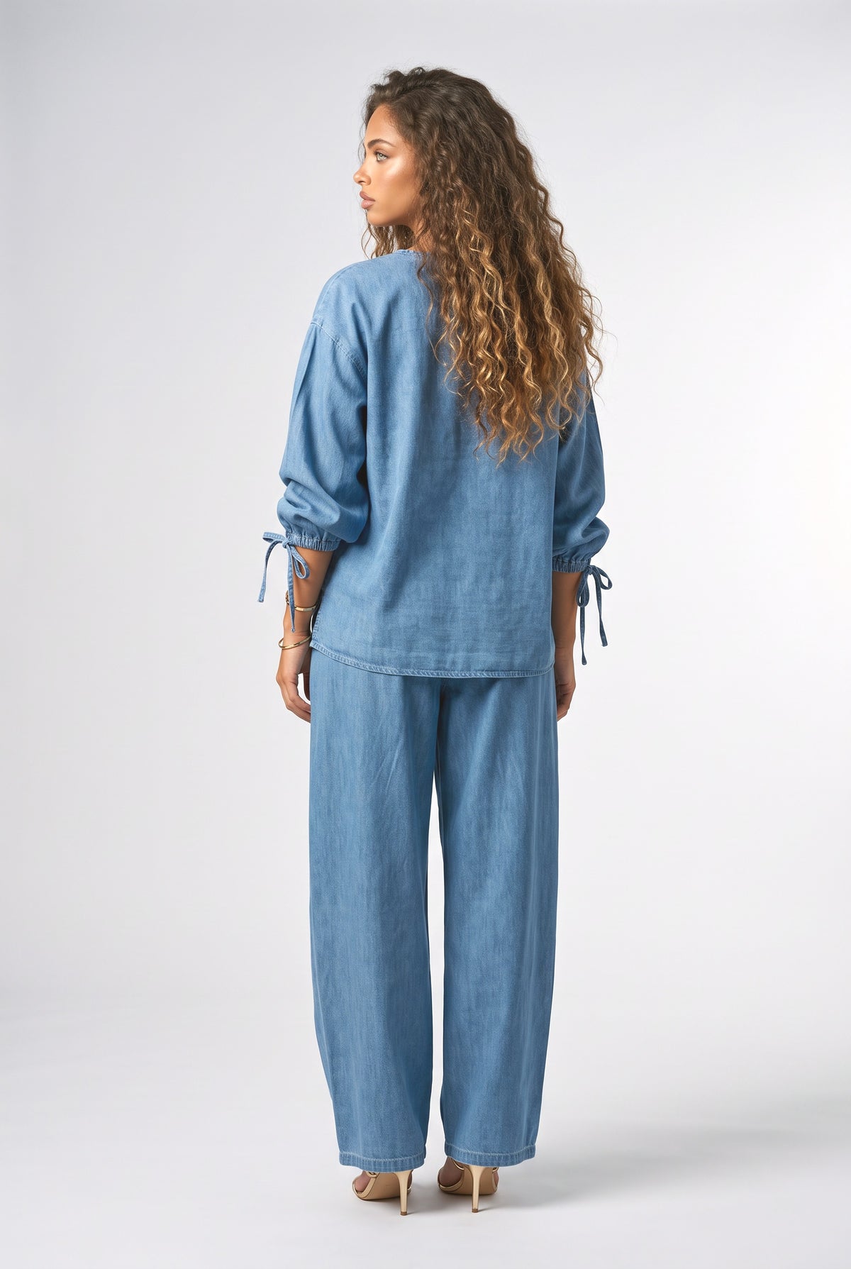 V-Neck Tie-Sleeve Top & Wide-Leg Pants Two-Piece Set, back view