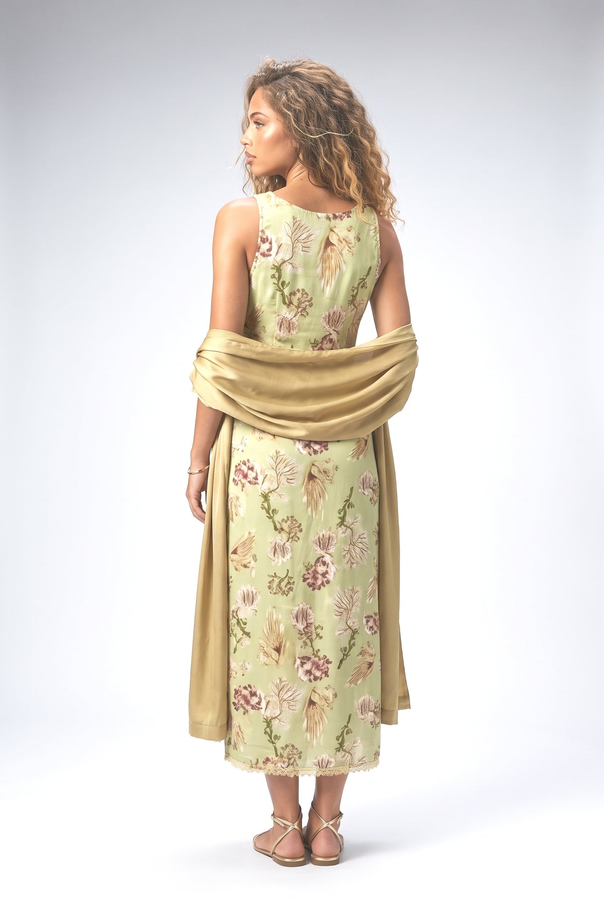 Botanical Print Sleeveless Midi Dress Two-Piece Set, back view