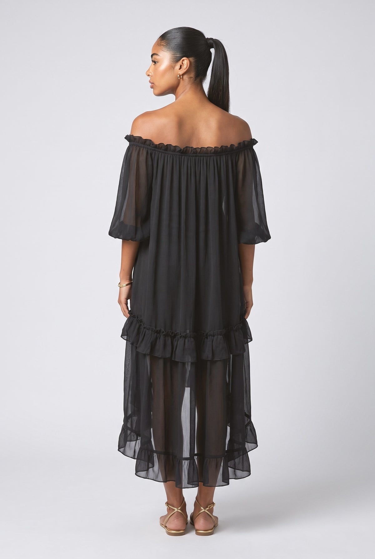 Blue Sheer Off-Shoulder Ruffle Midi Dress, back view