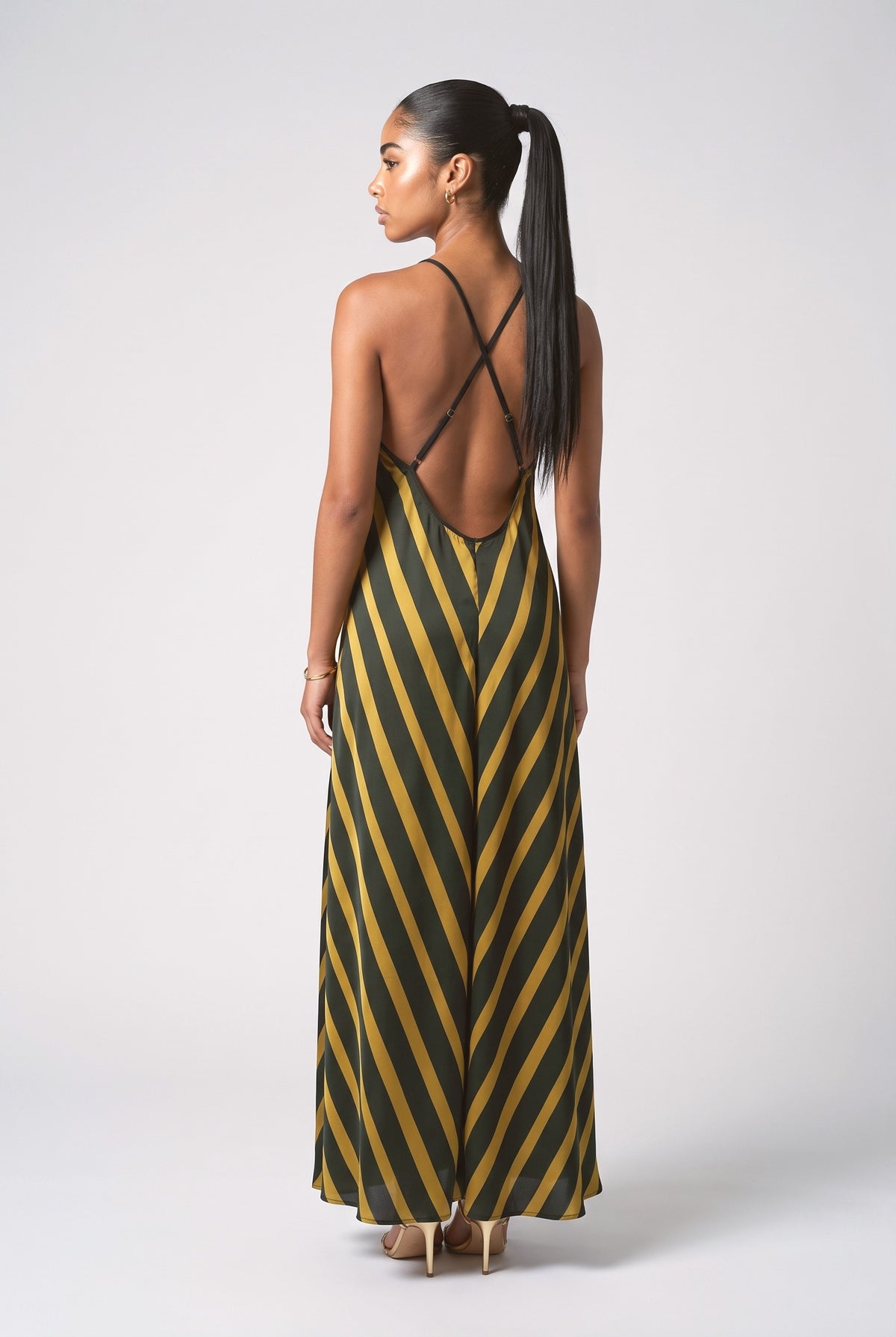 Yellow Striped Lace Maxi Dress, back view