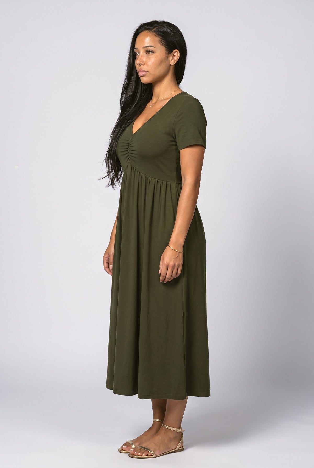 V-Neck Ruched Midi Dress, back view