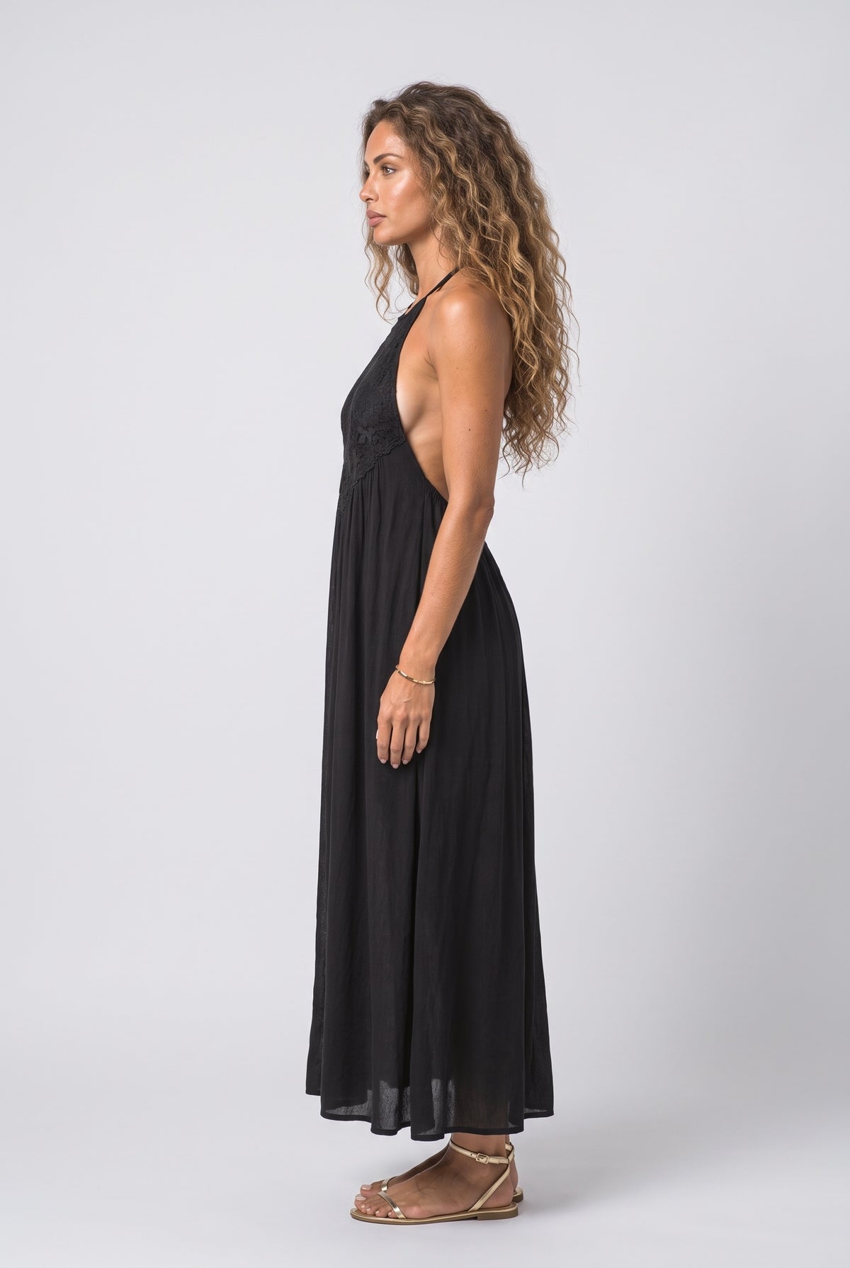 Black Lace Halter Neck Maxi Dress, back view