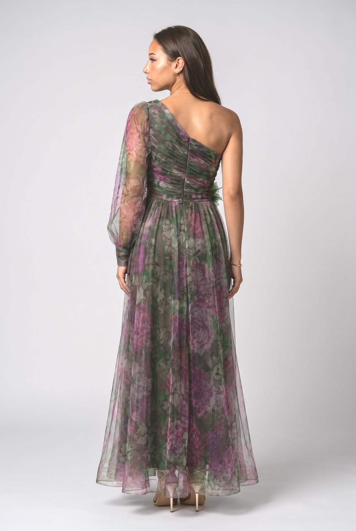 Floral Sheer One-Shoulder Ruched Maxi Dress, back view