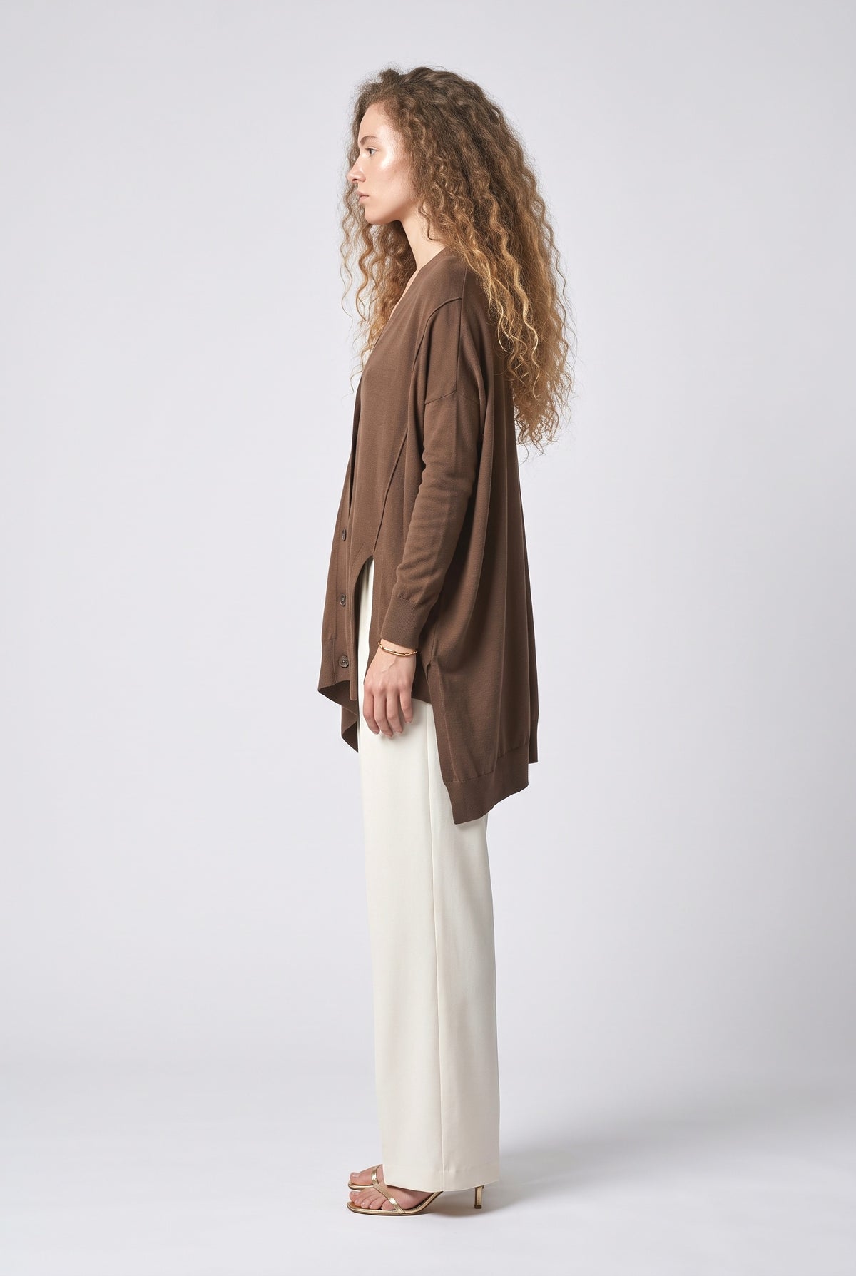 Brown Asymmetric Knit Cardigan, back view