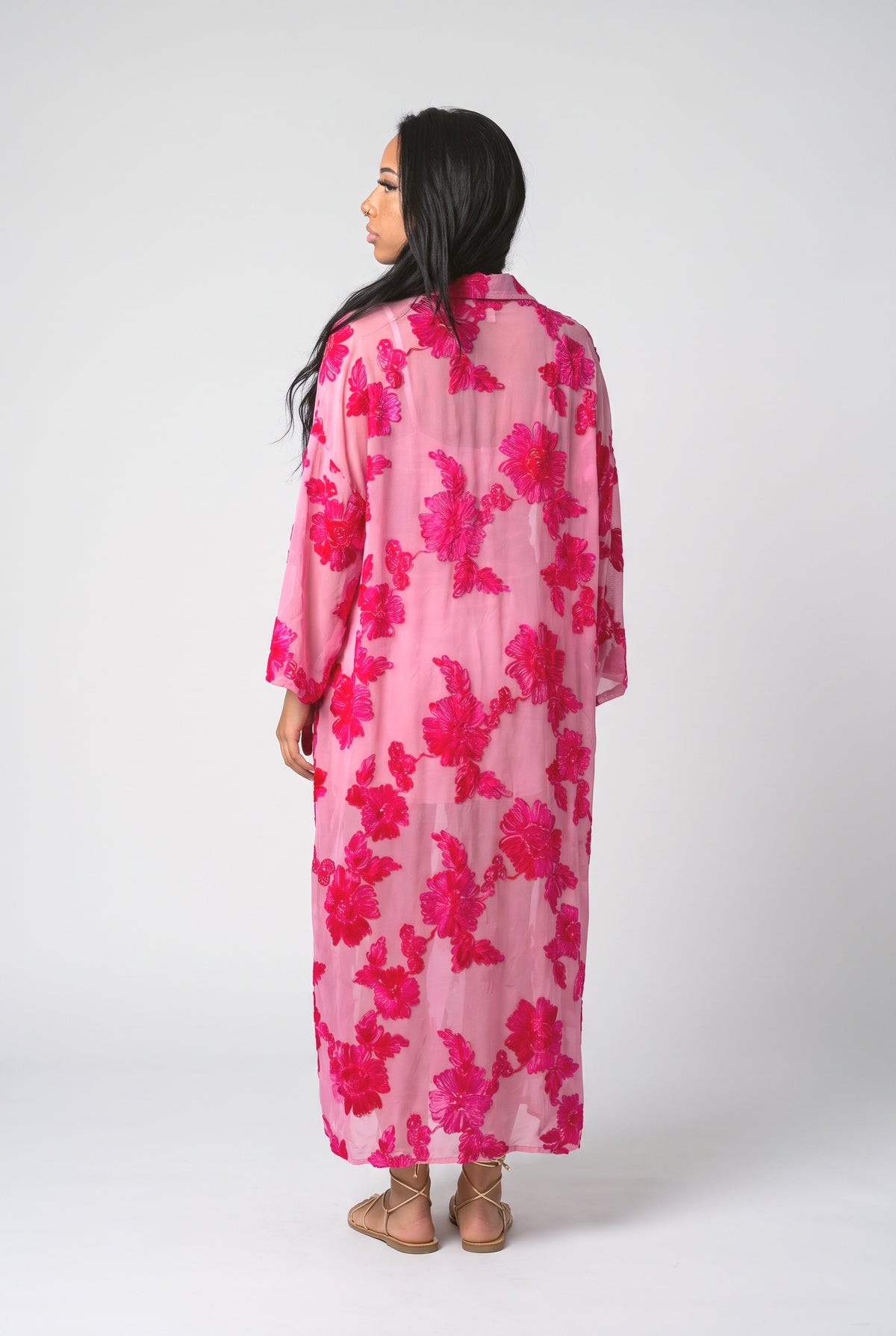 Pink Floral Sheer V-Neck Relaxed Dress, back view