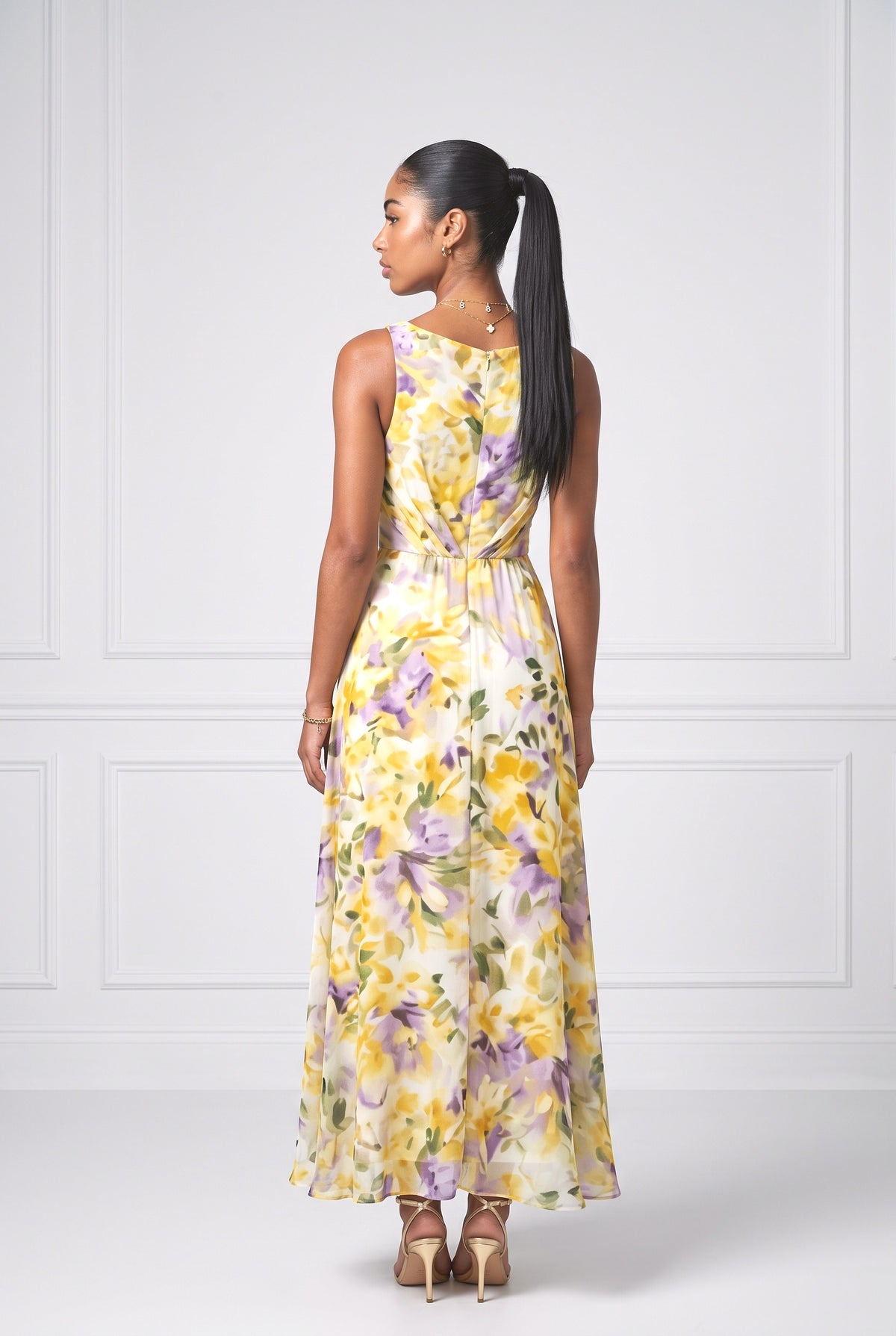 Yellow Floral Chiffon Sleeveless Maxi Dress, back view