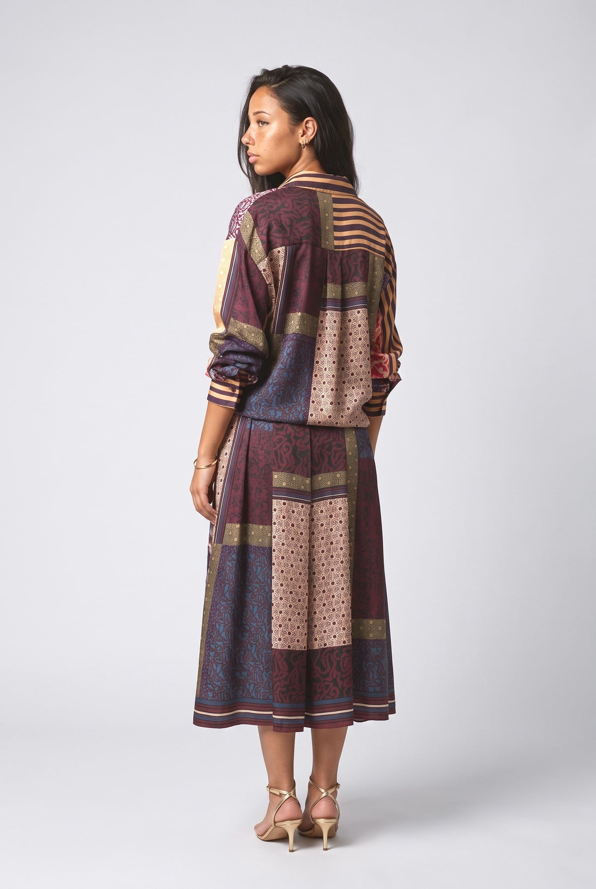 Patchwork Print Shirt & Midi Skirt Two-Piece Set, back view