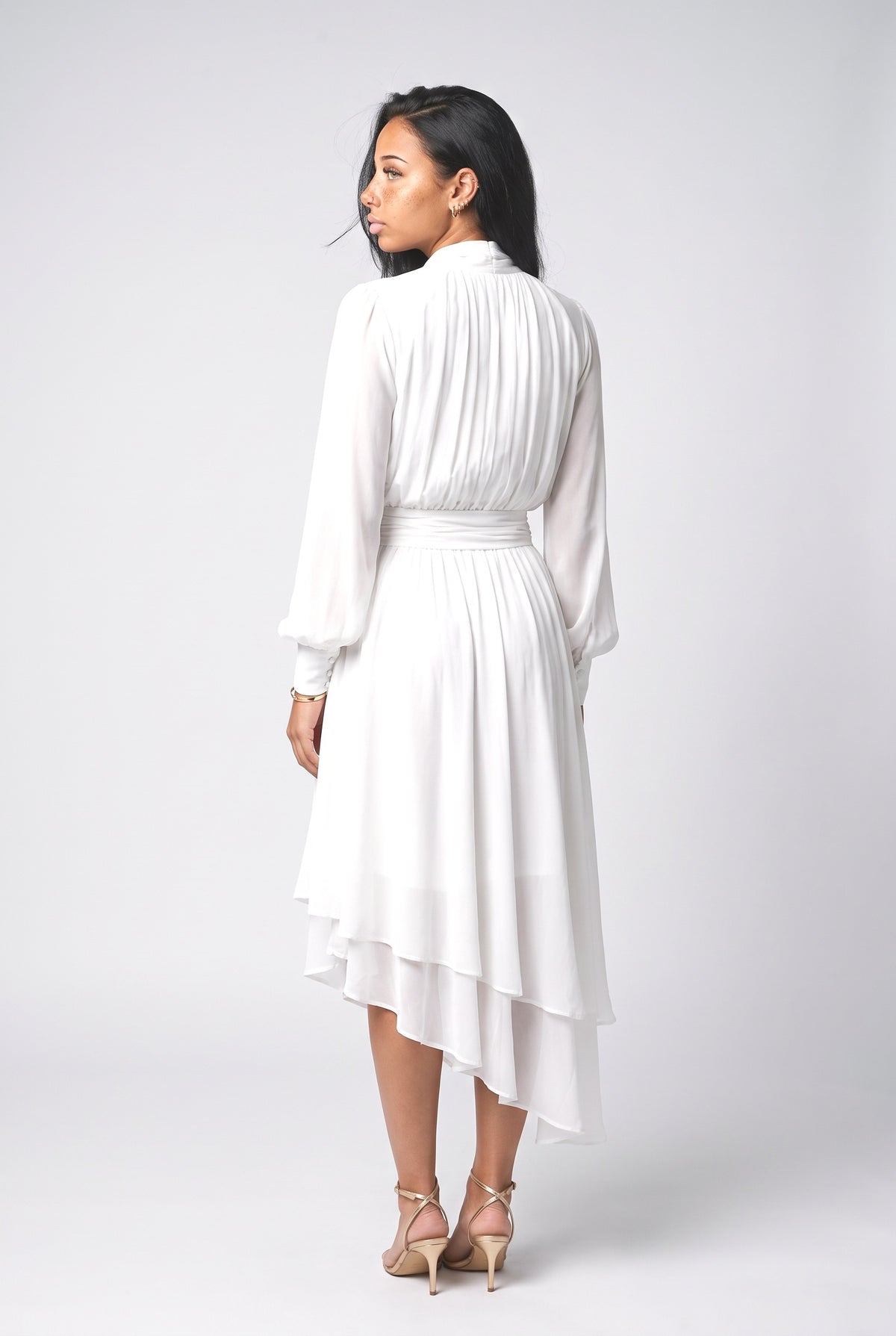 Chiffon Long Sleeve Asymmetric Midi Dress, back view