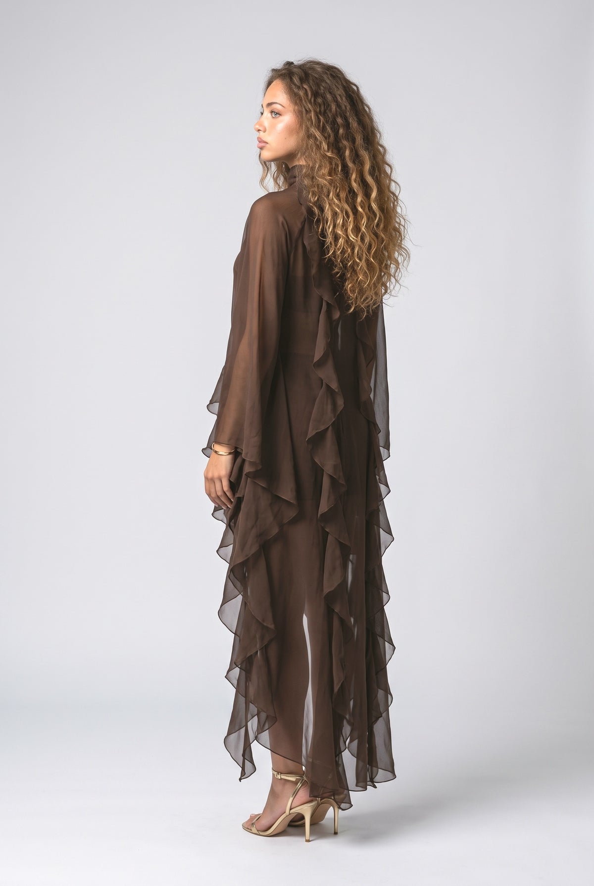 Brown Chiffon High Neck Ruffle Midi Dress, back view