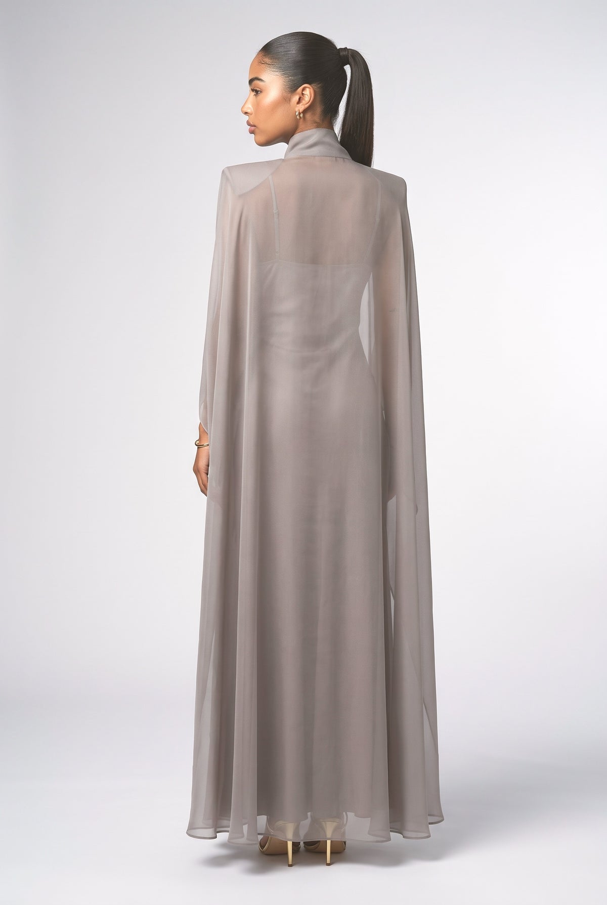 High Neck Organza Cape Maxi Gown, back view