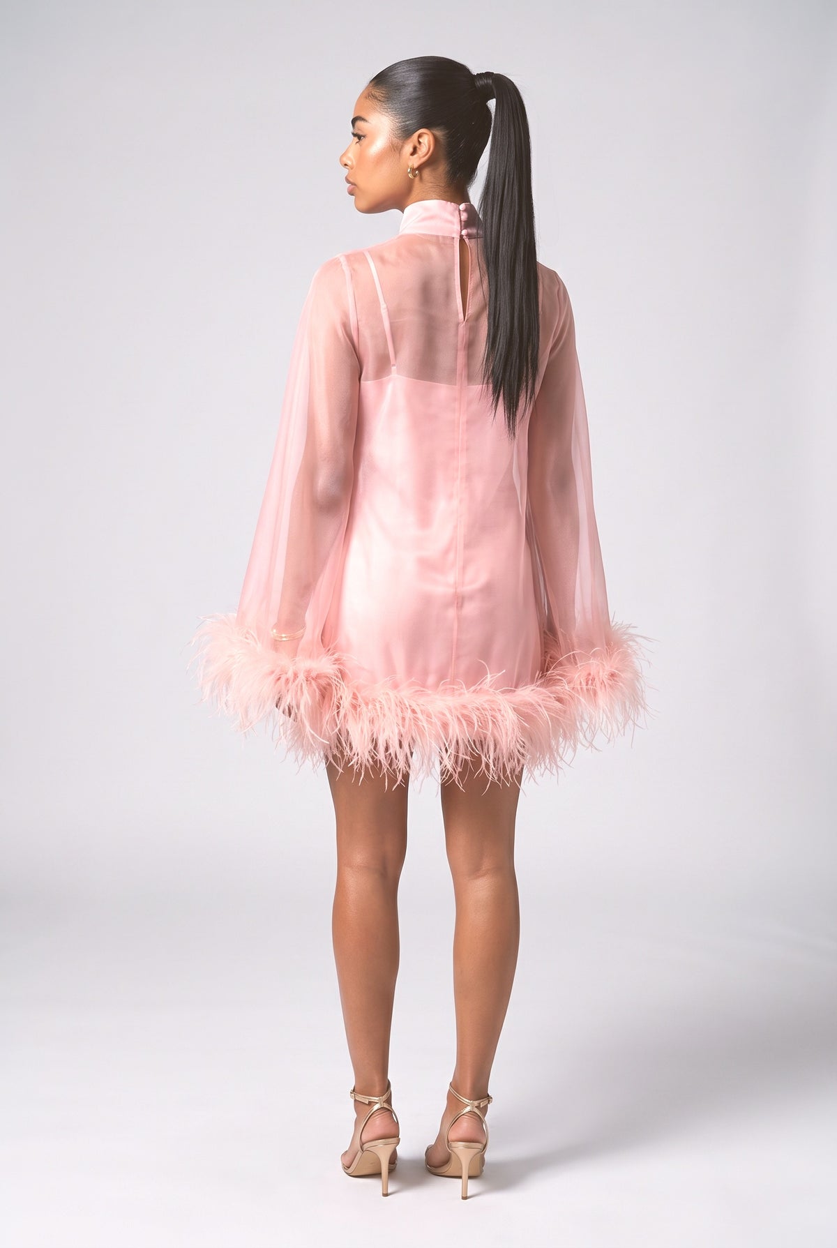 Pink Sheer Feather Trim Mini Dress, back view