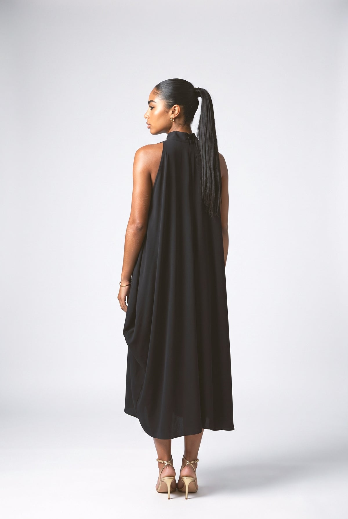 Black High Neck Sleeveless Draped Midi Dress, back view