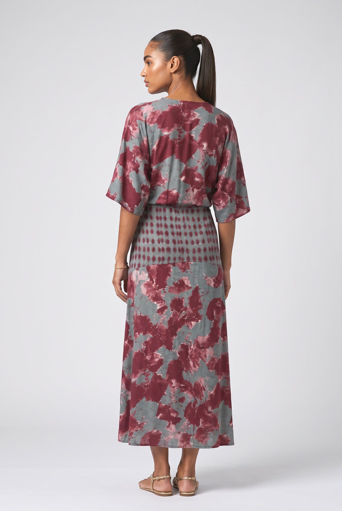 Abstract Tie-Dye Print Kimono Sleeve Maxi Dress, back view