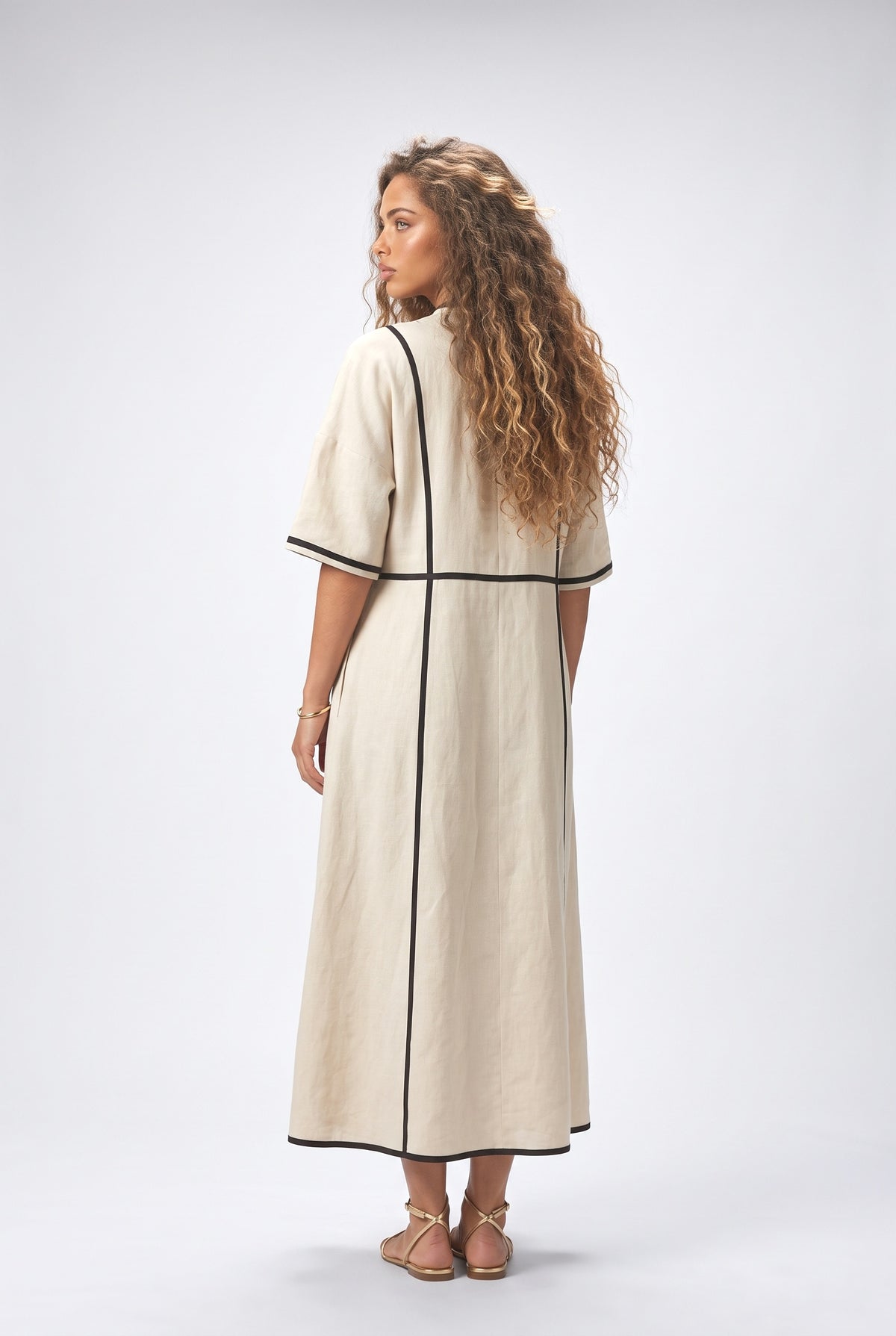 Beige Linen Black Piping Midi Dress, back view