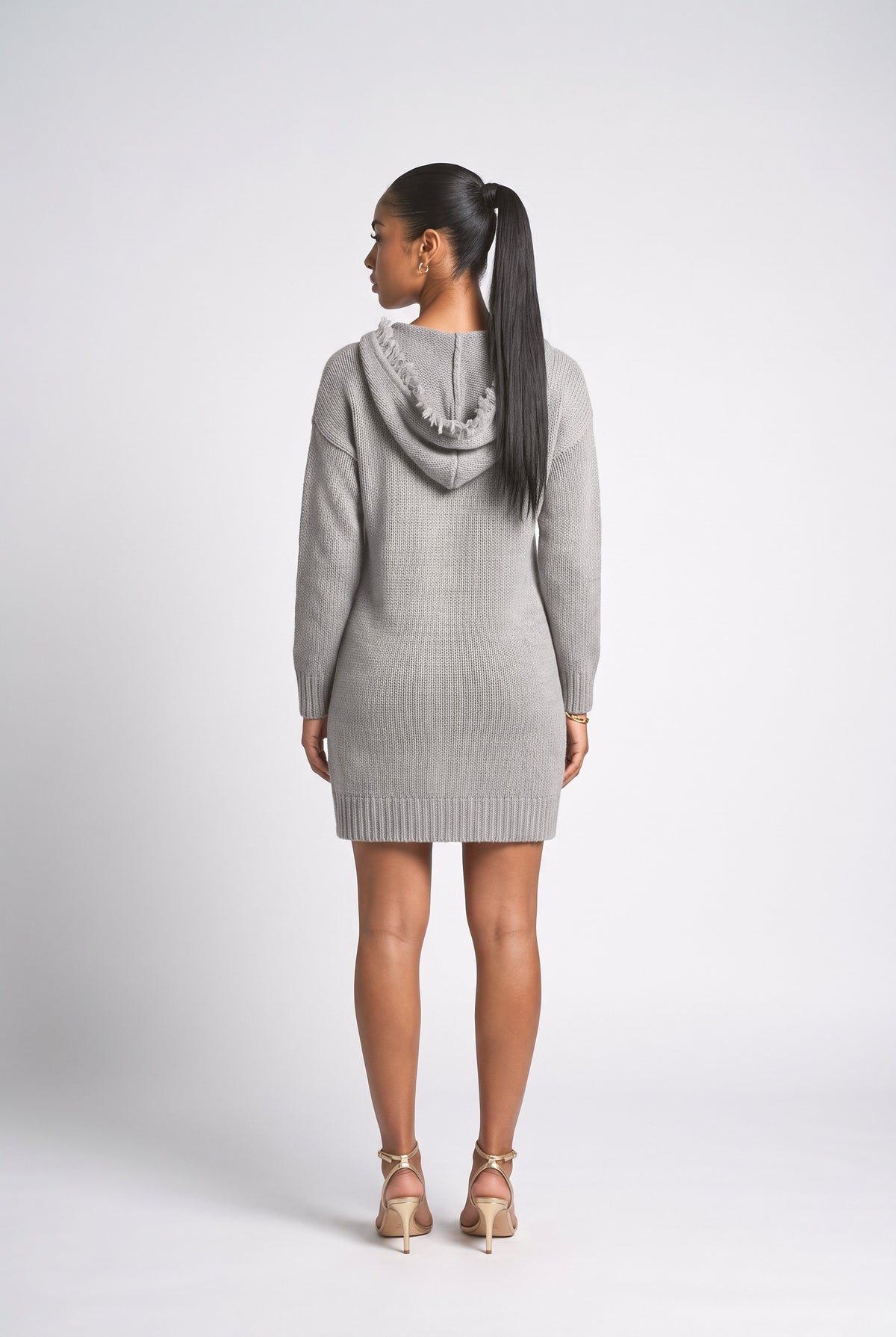Gray Knit Long Sleeve Mini Dress, back view