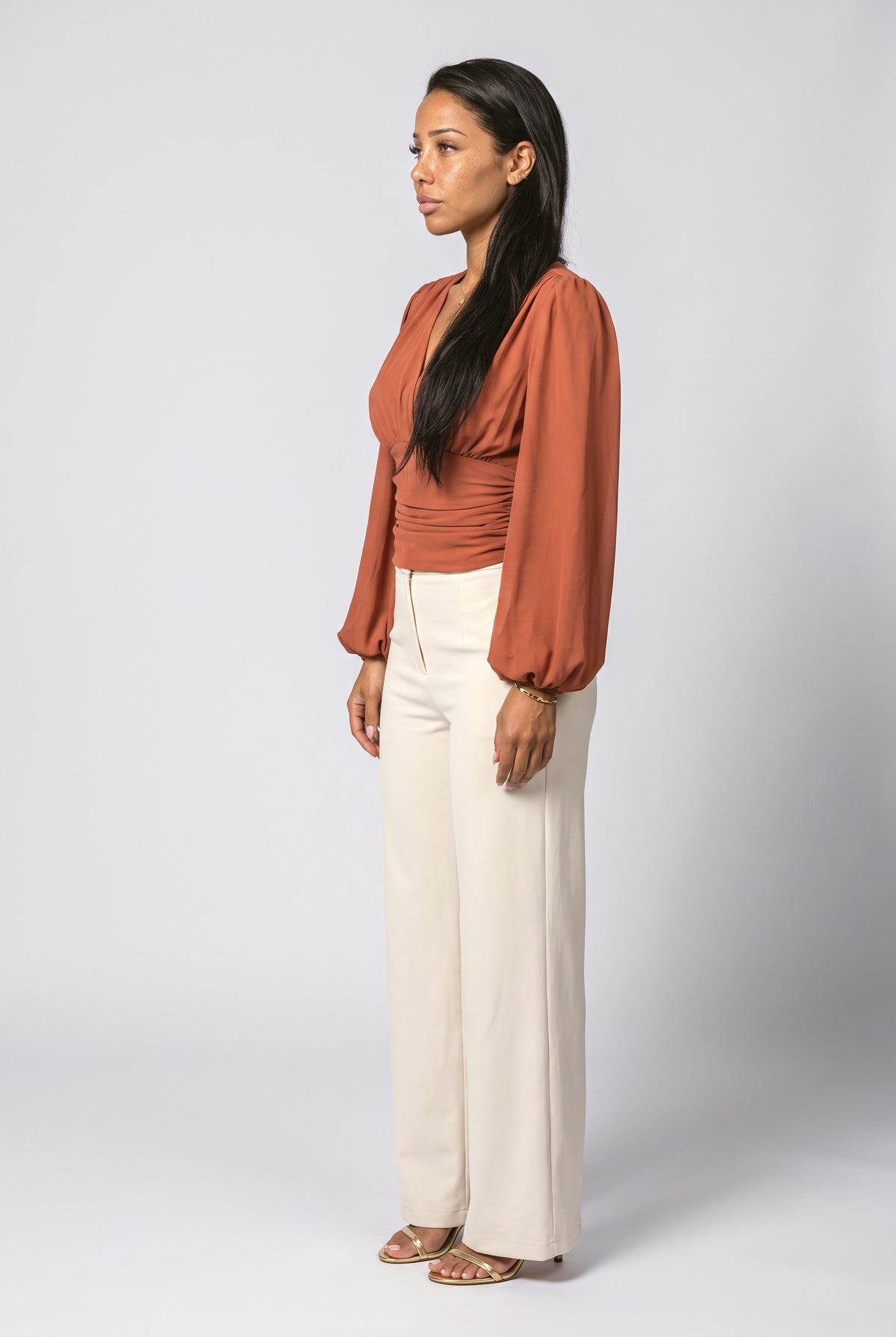 Chiffon Puff Sleeve Ruched Blouse, back view