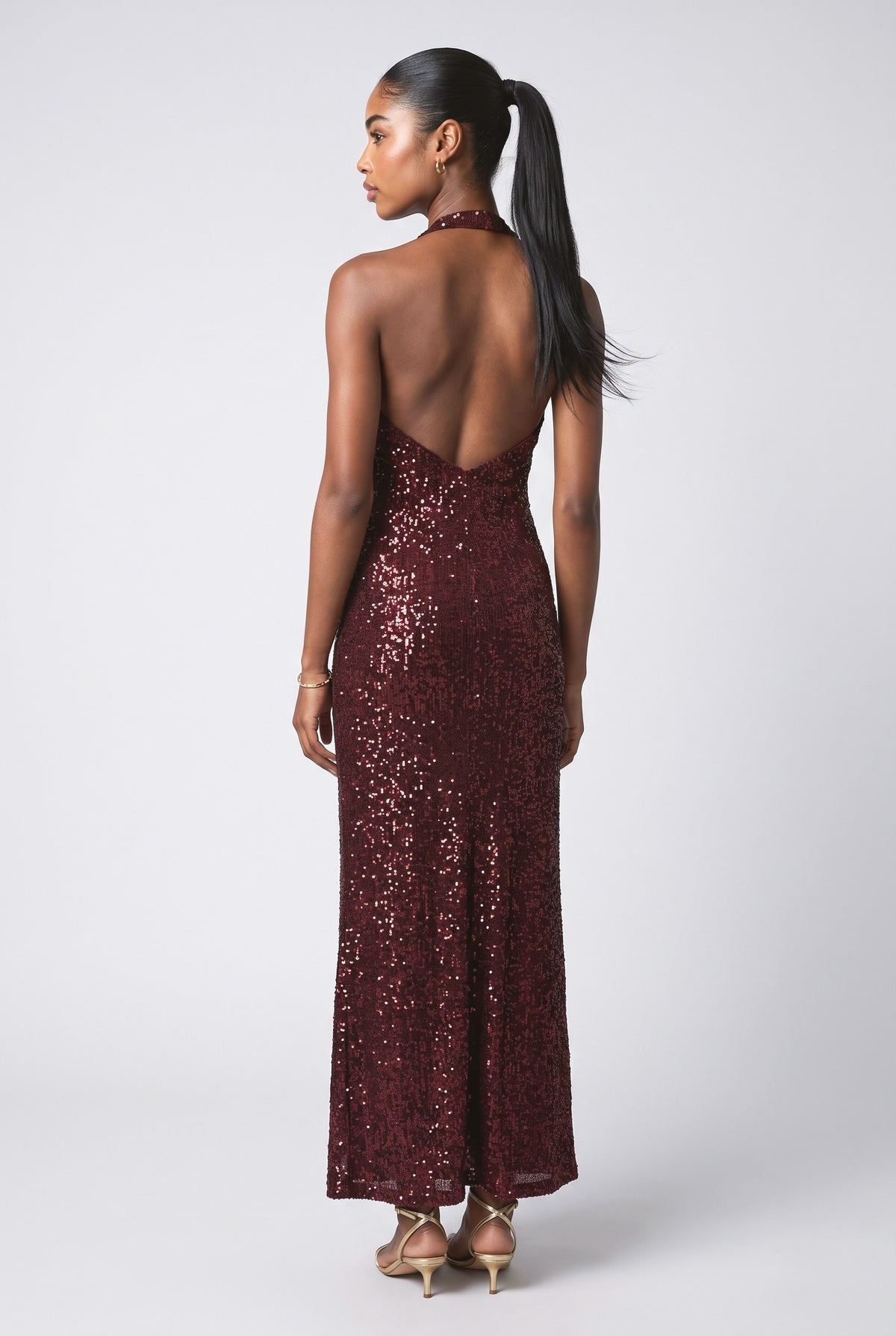 Red Sequin V-Neck Maxi Dress, back view