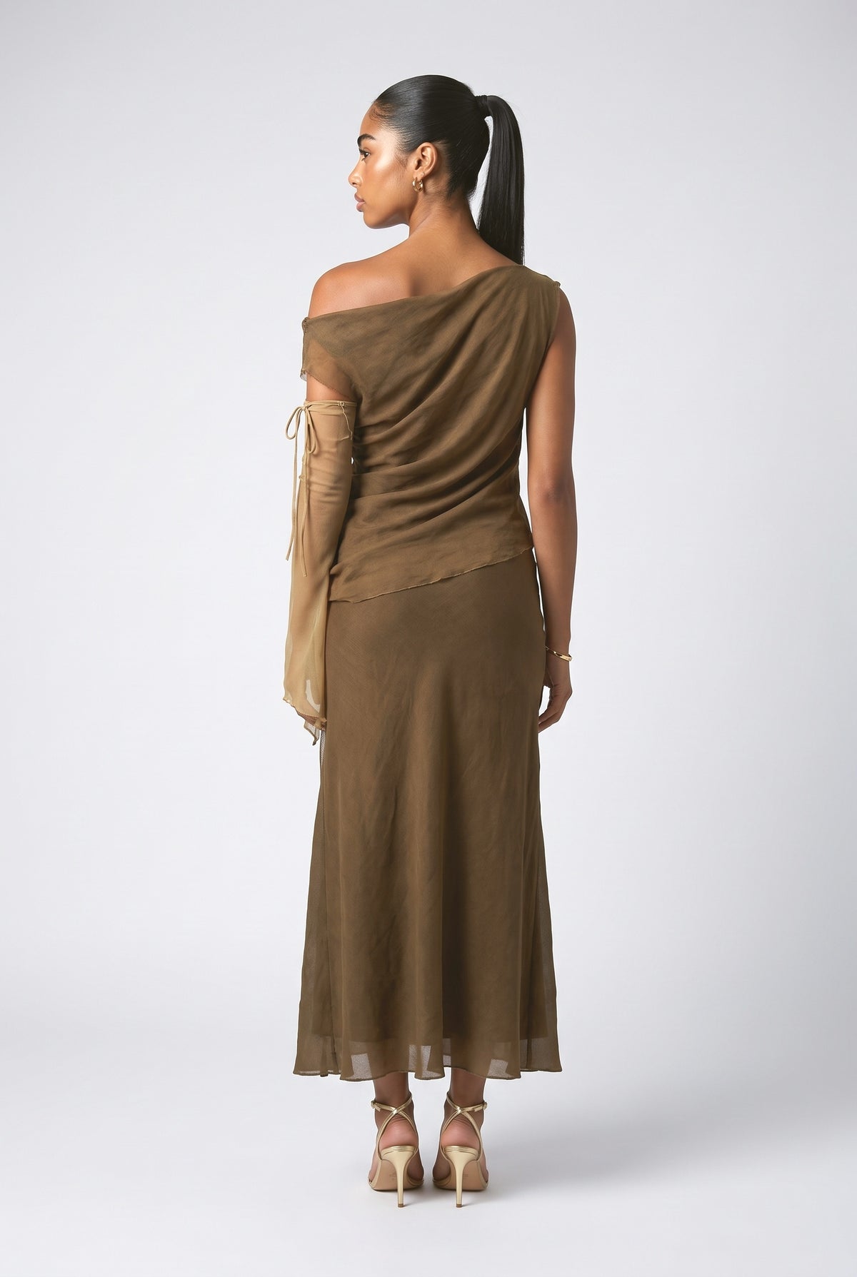 Brown Off-Shoulder Draped Outfit Set, back view