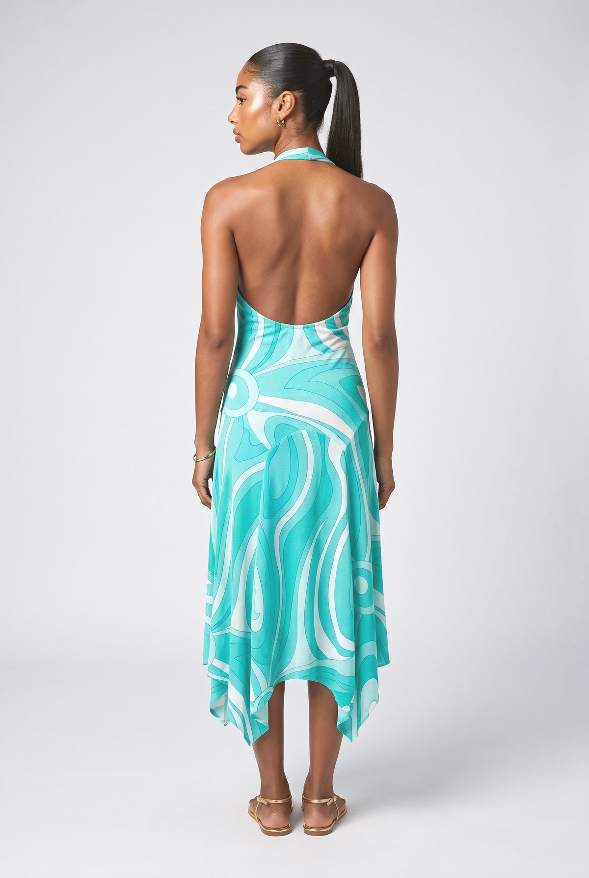 Blue Knit Backless Midi Dress, back view