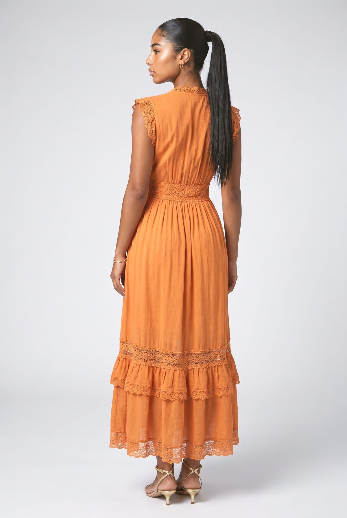 Orange Lace Ruffle Dress, back view
