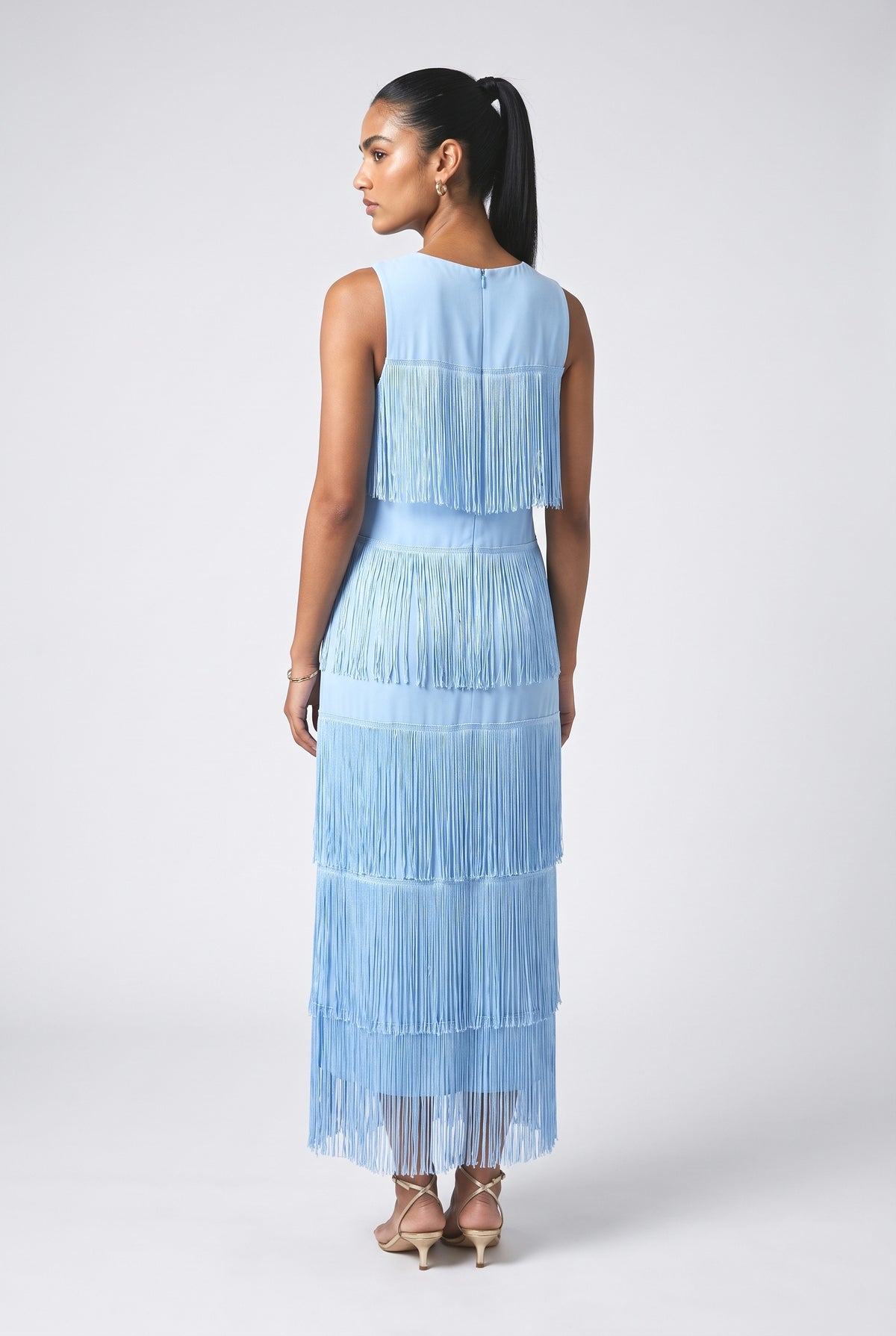 Blue V-Neck Tiered Maxi Dress, back view
