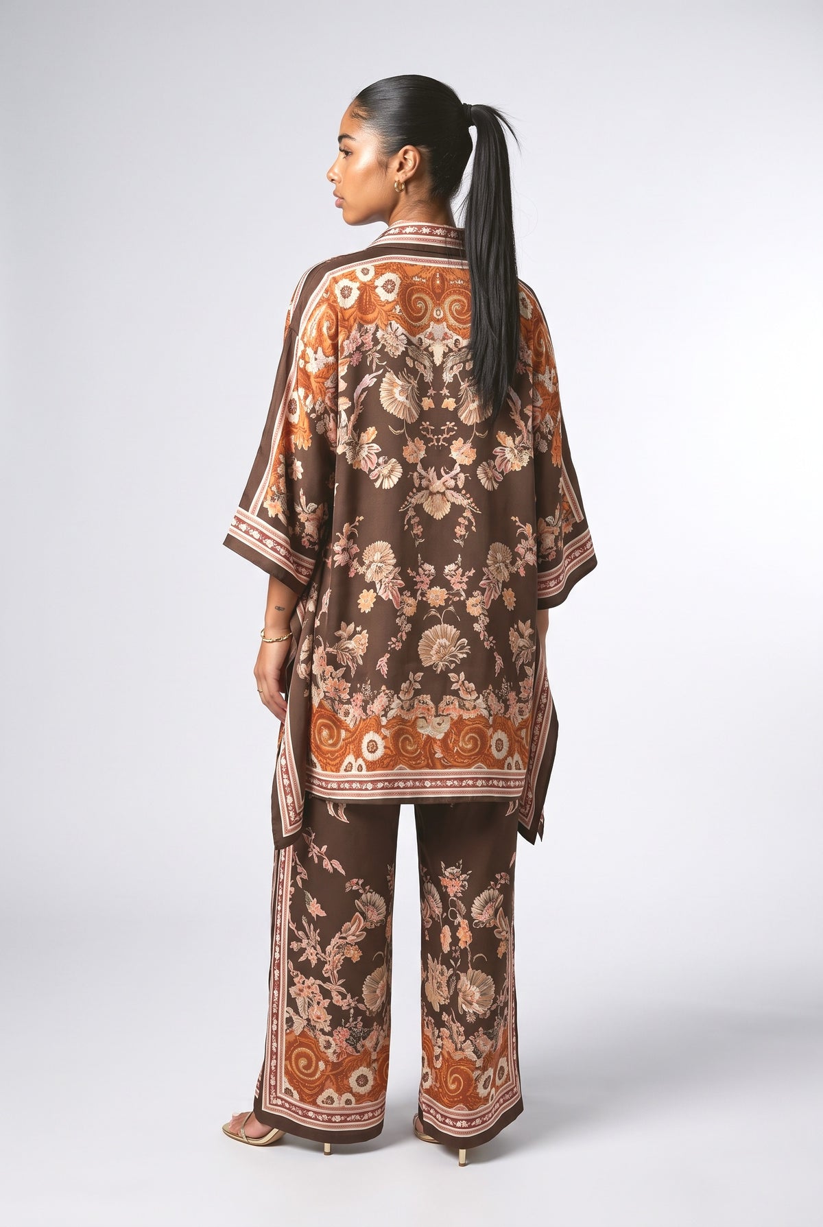Brown Floral Satin Relaxed Outfit Set, back view