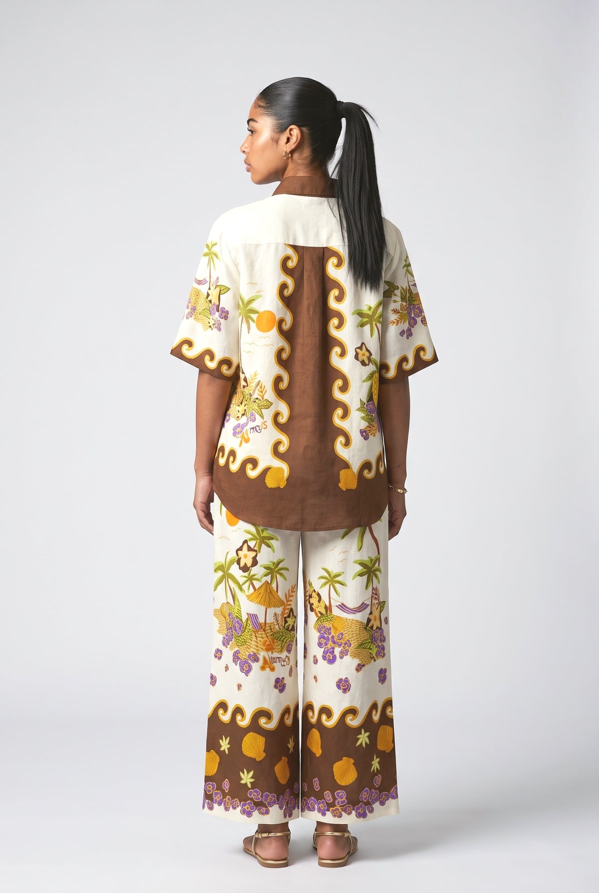 Tropical Print Shirt & Wide-Leg Pants Two-Piece Set, back view