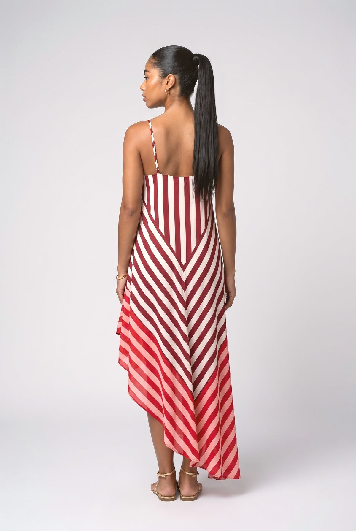 Burgundy Striped Asymmetric Maxi Dress, back view