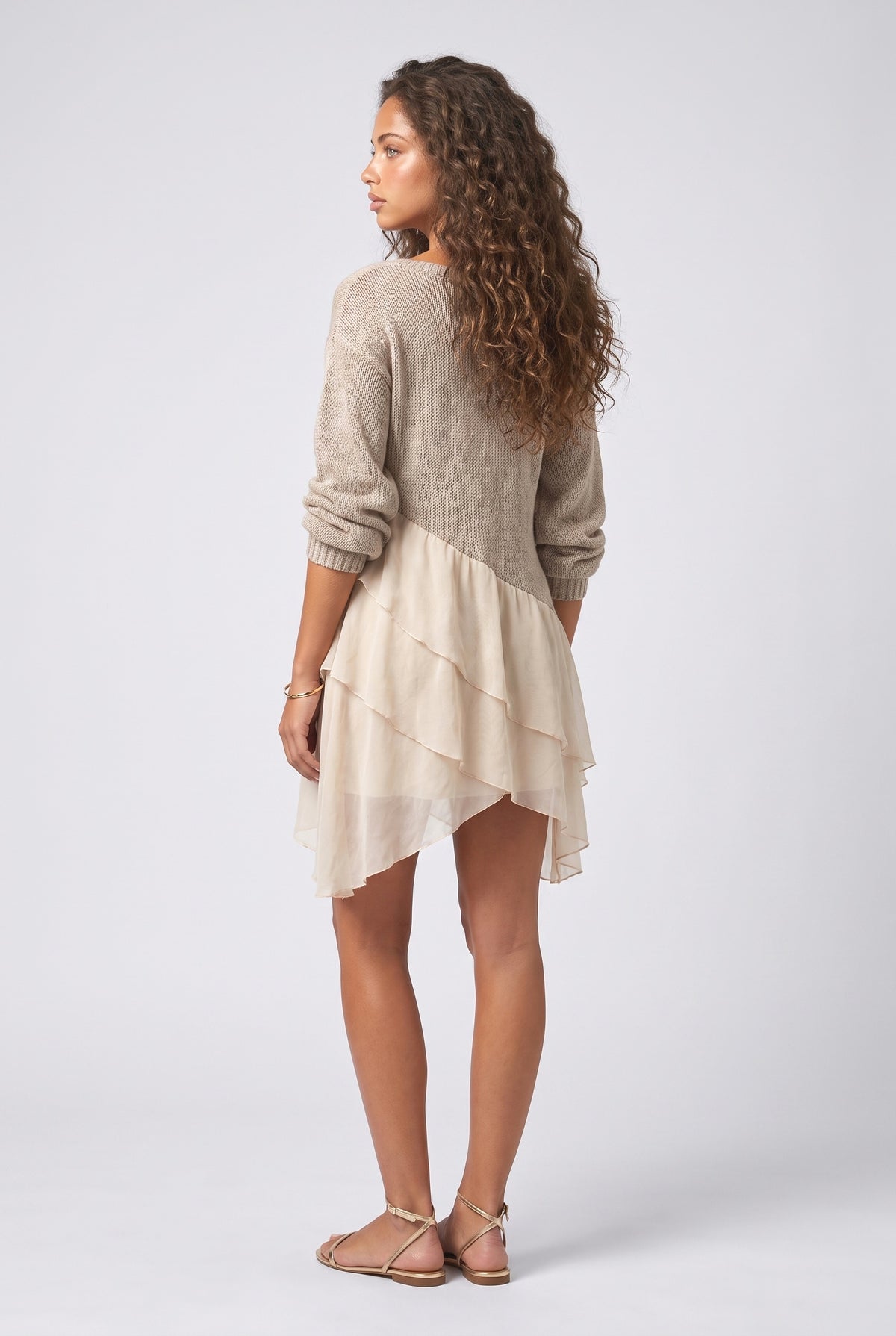 Beige Knit Ruffle Mini Dress, back view