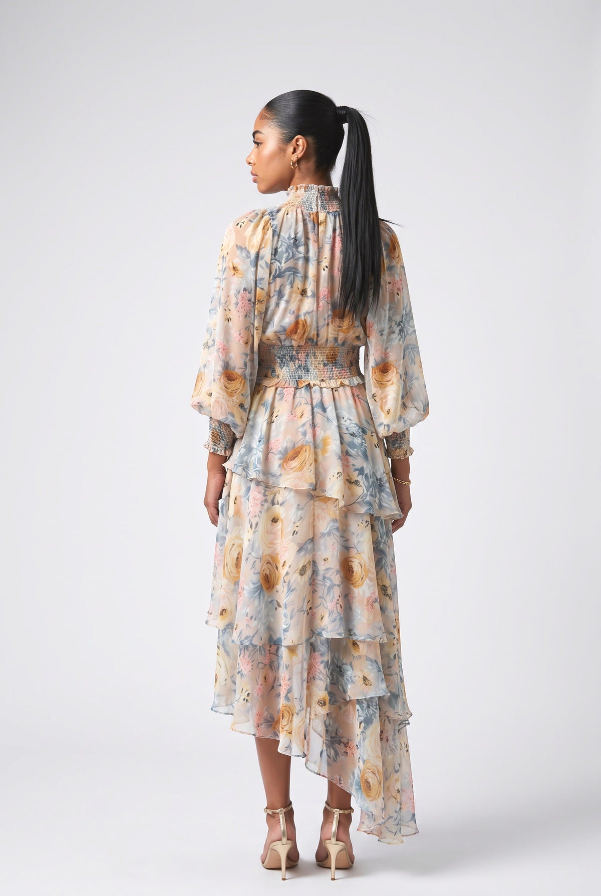 Multicolor Print Chiffon Maxi Dress, back view
