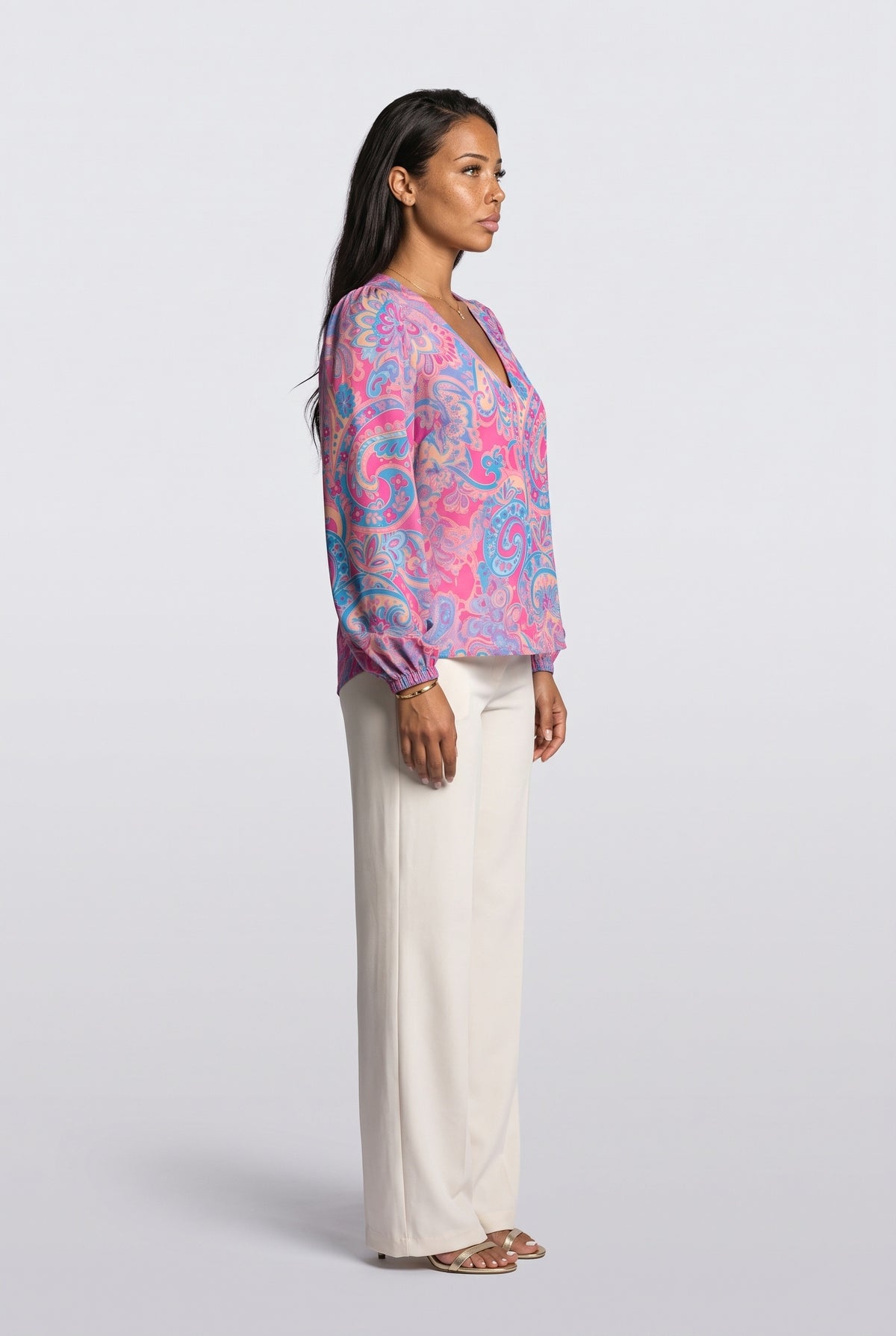 V-Neck Puff Sleeve Relaxed Blouse, back view