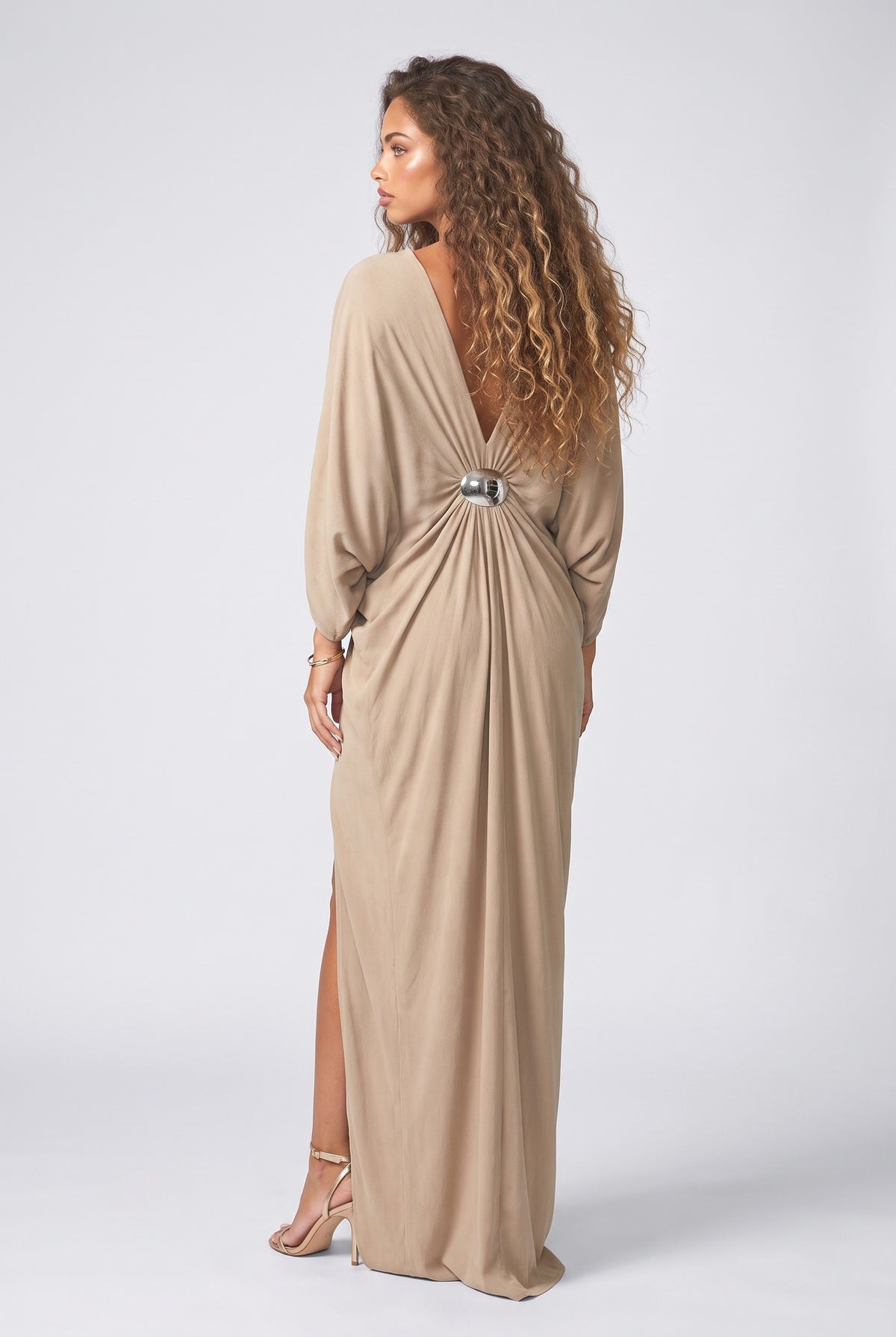 Beige Batwing Sleeve Draped Maxi Dress, back view