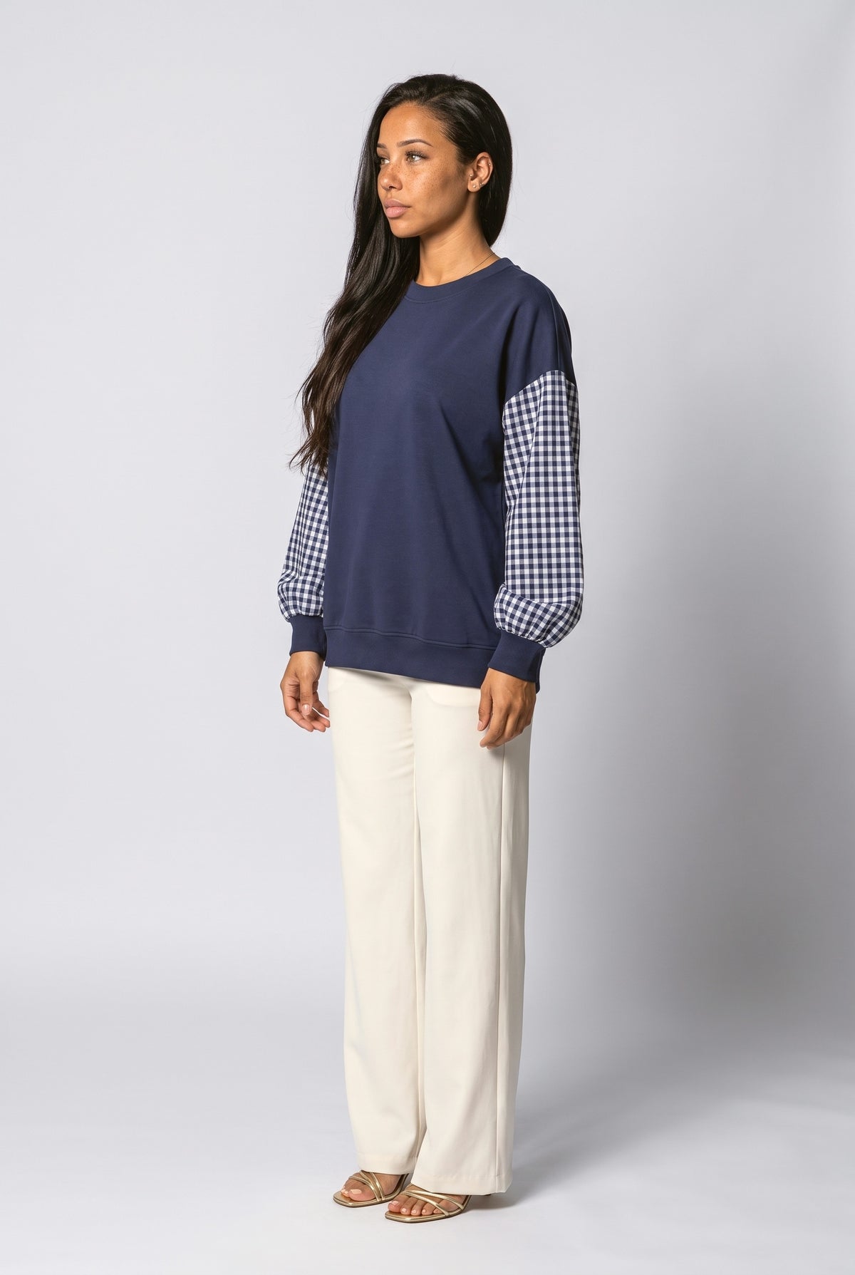 Crew Neck Plaid Relaxed Blouse, back view