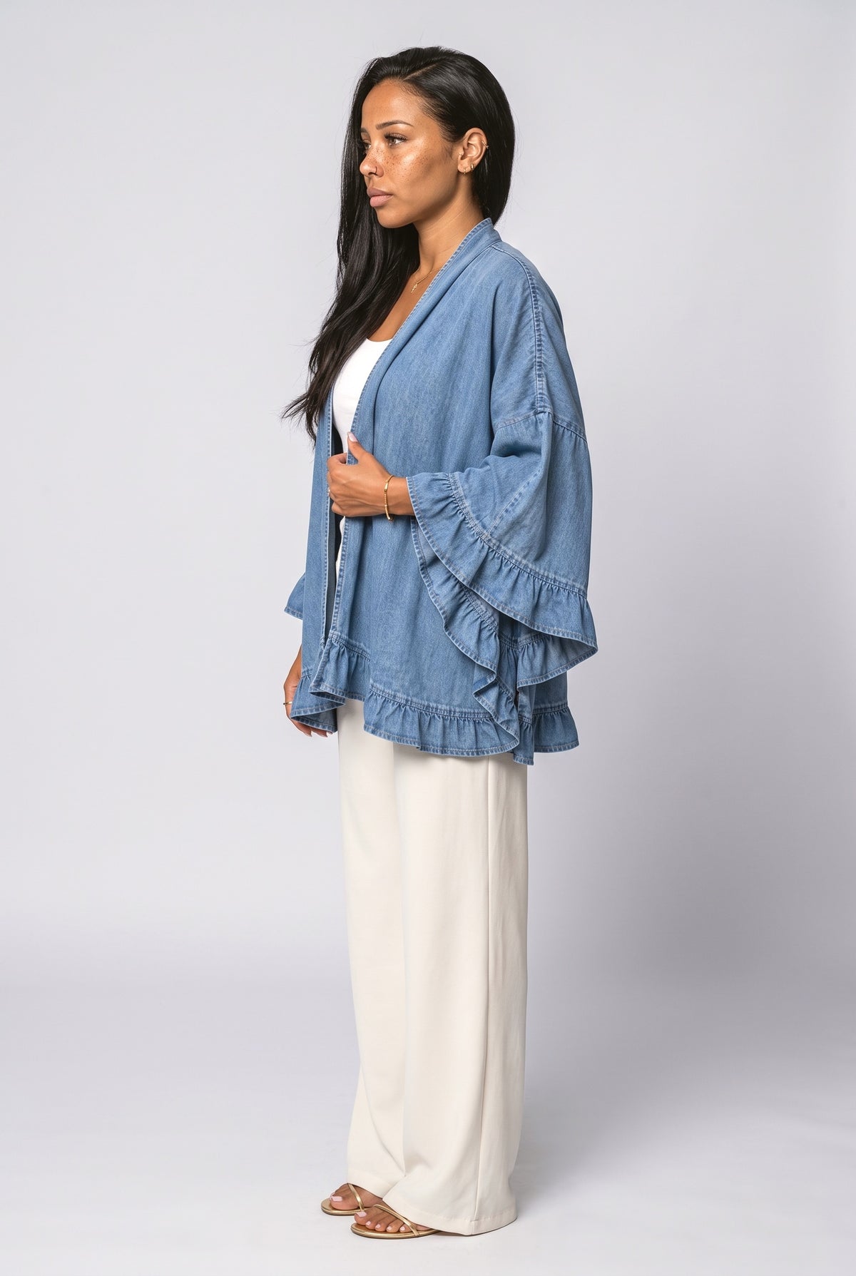 Blue Denim Ruffle Knit Cardigan, back view