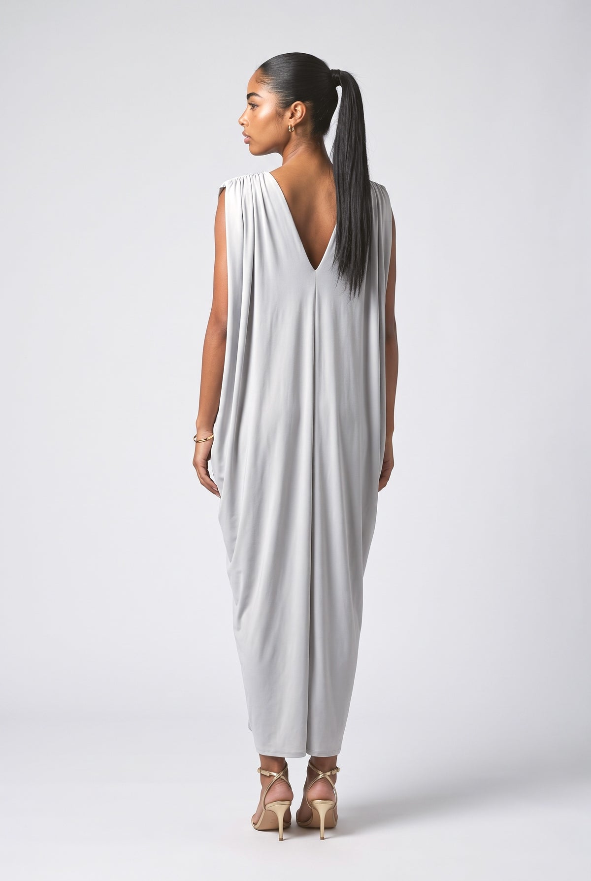 V-Neck Pleated Maxi Dress, back view