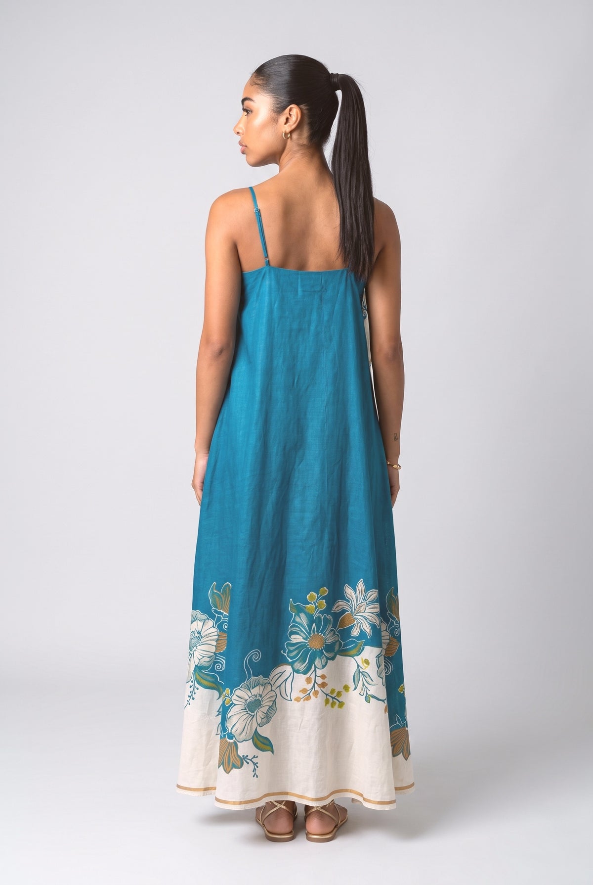 Blue Tropical Strappy Asymmetric Maxi Dress, back view