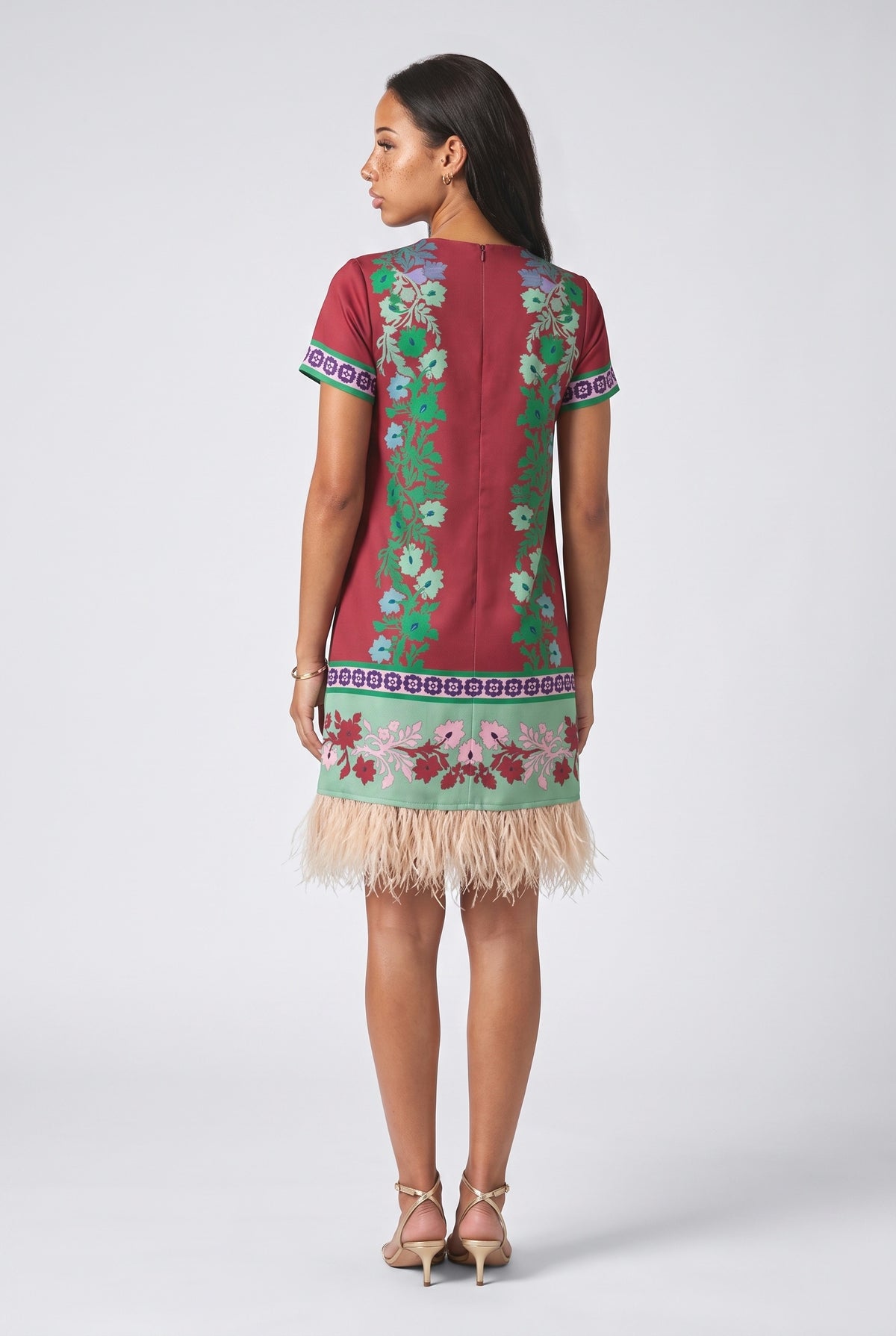 Red Floral Feather Trim Mini Dress, back view