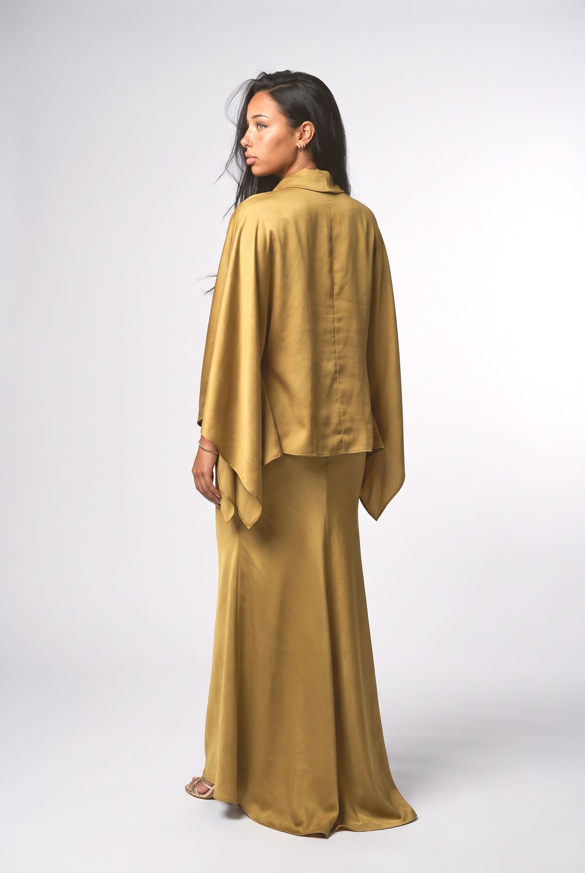Gold Satin Batwing Sleeve Mermaid Outfit Set, back view