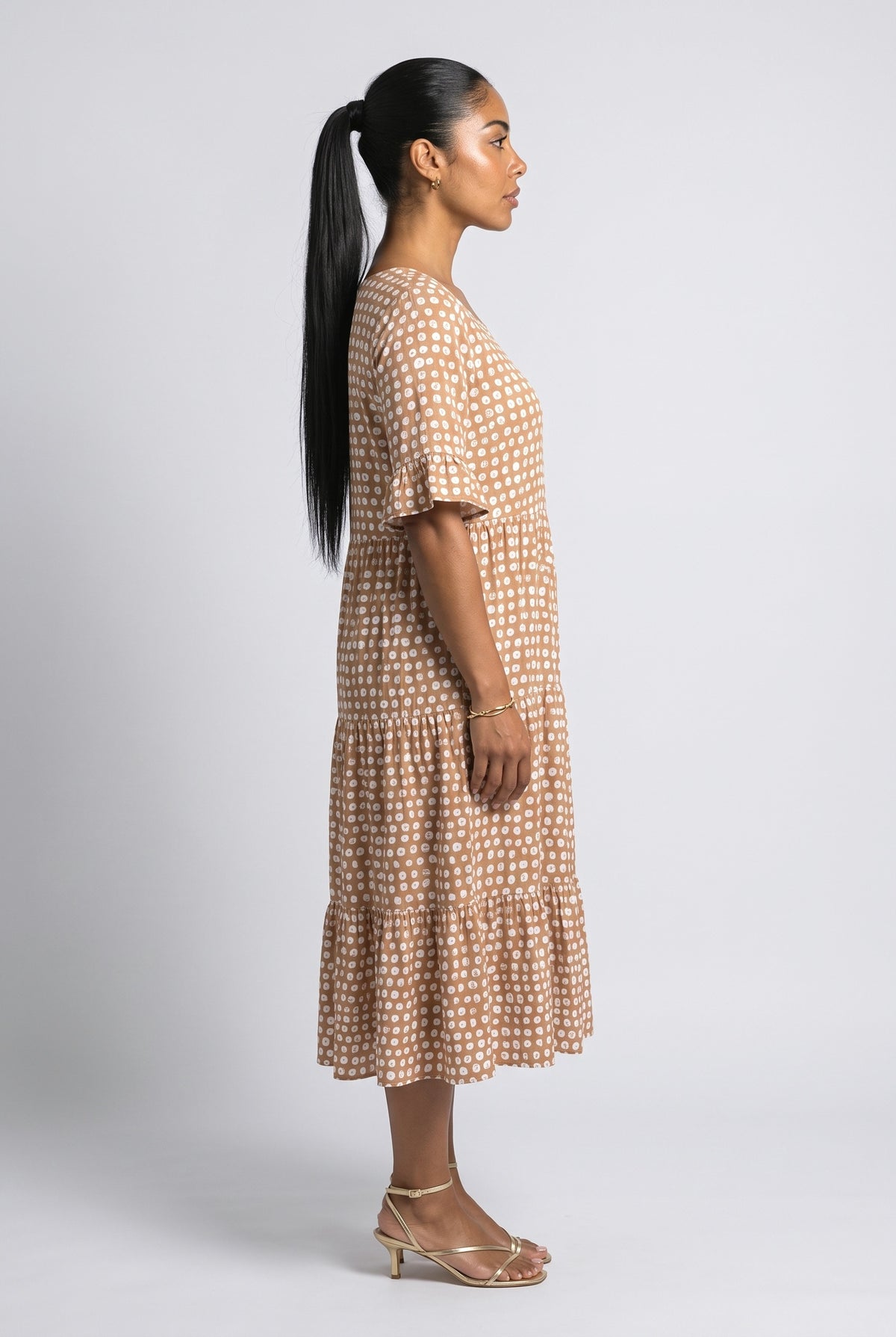 Polka Dot Tiered Midi Dress, back view