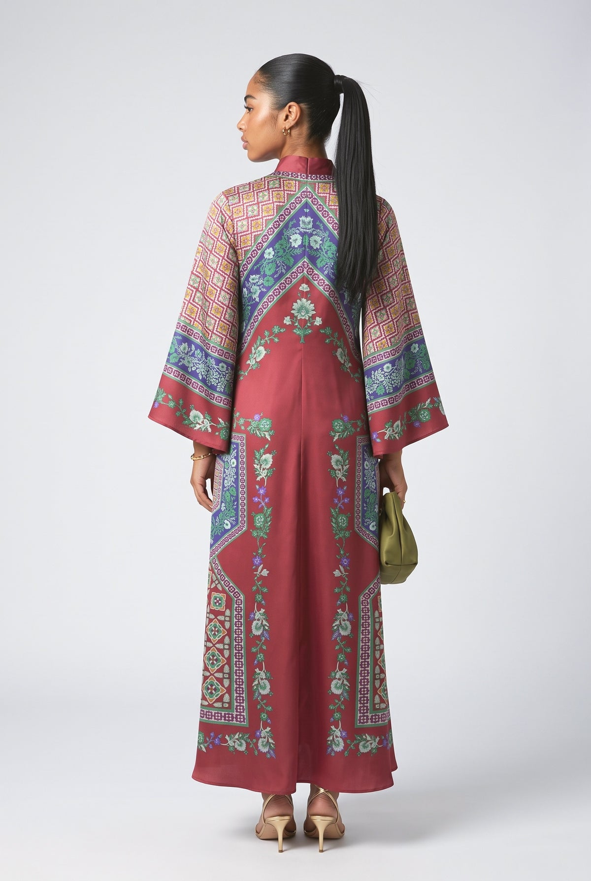 Red Floral Satin Maxi Dress, back view