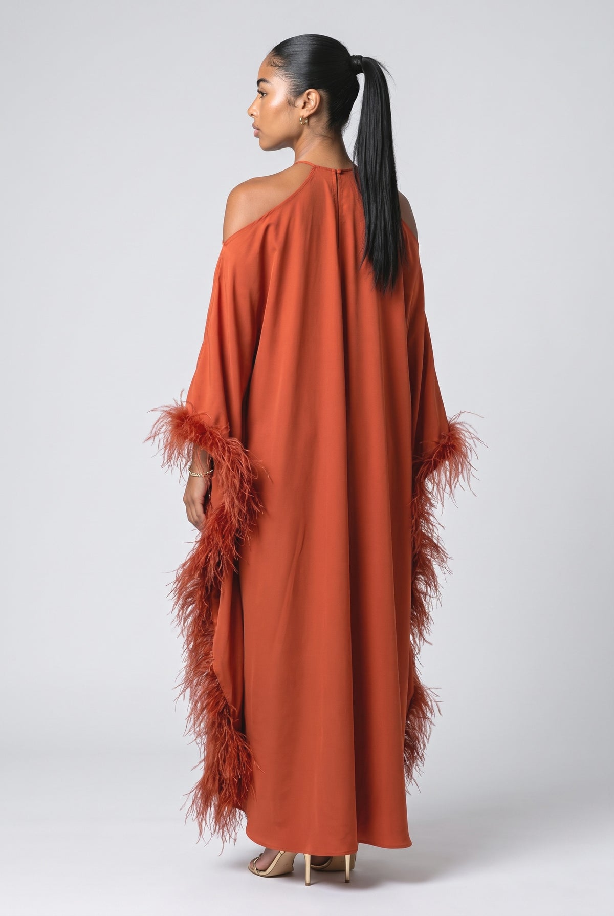 Halter Neck Feather Trim Maxi Dress, back view