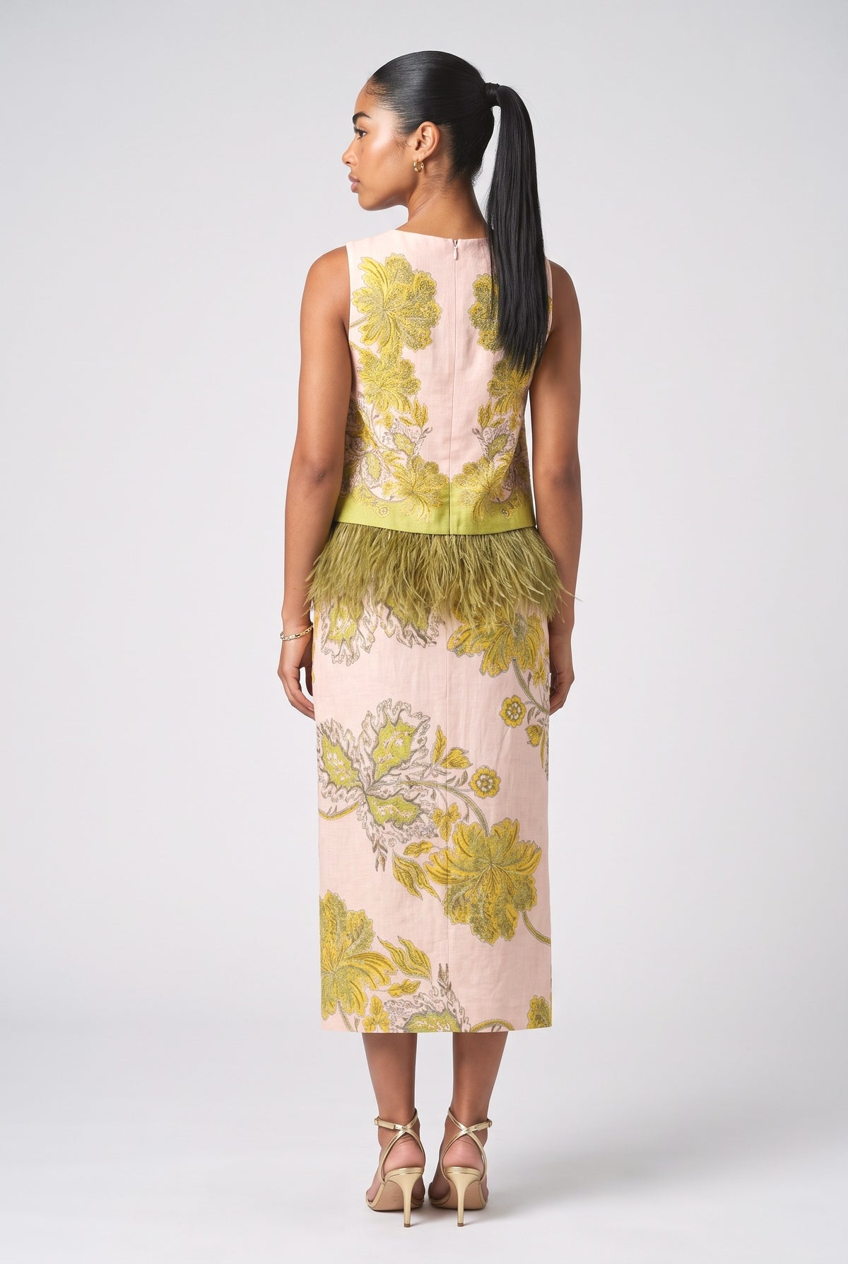 Multicolor Feather Trim Outfit Set, back view