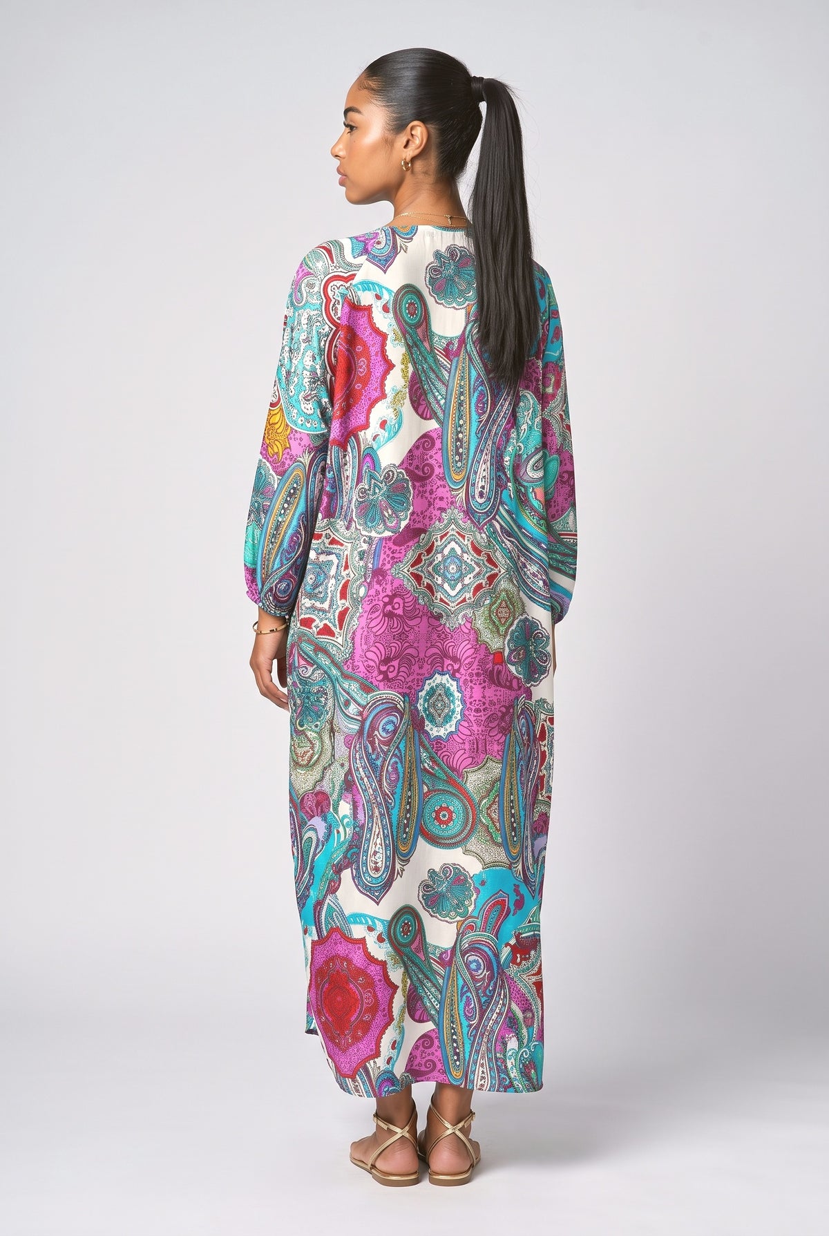 Bohemian V-Neck Printed Maxi Dress, back view