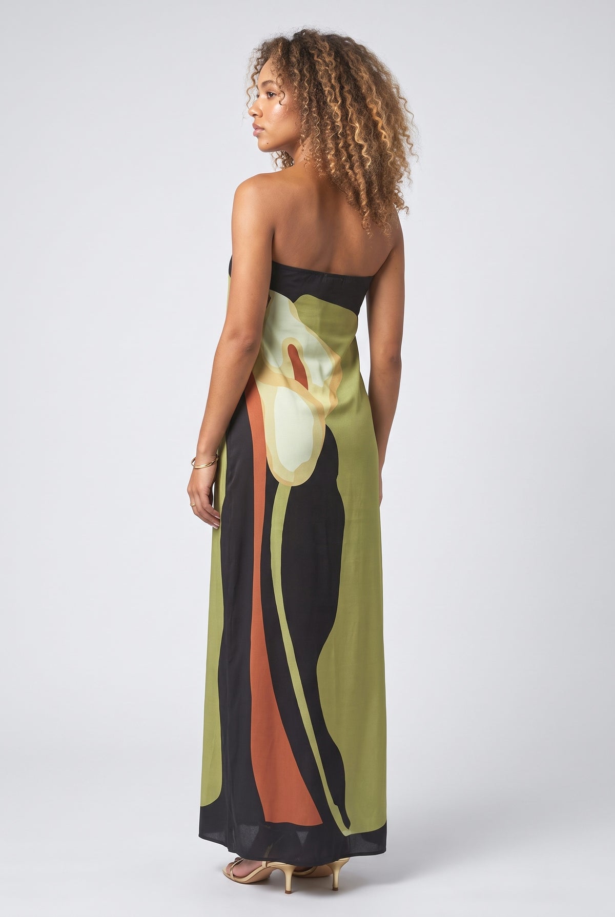 Green Print Off-Shoulder Sleeveless Maxi Dress, back view