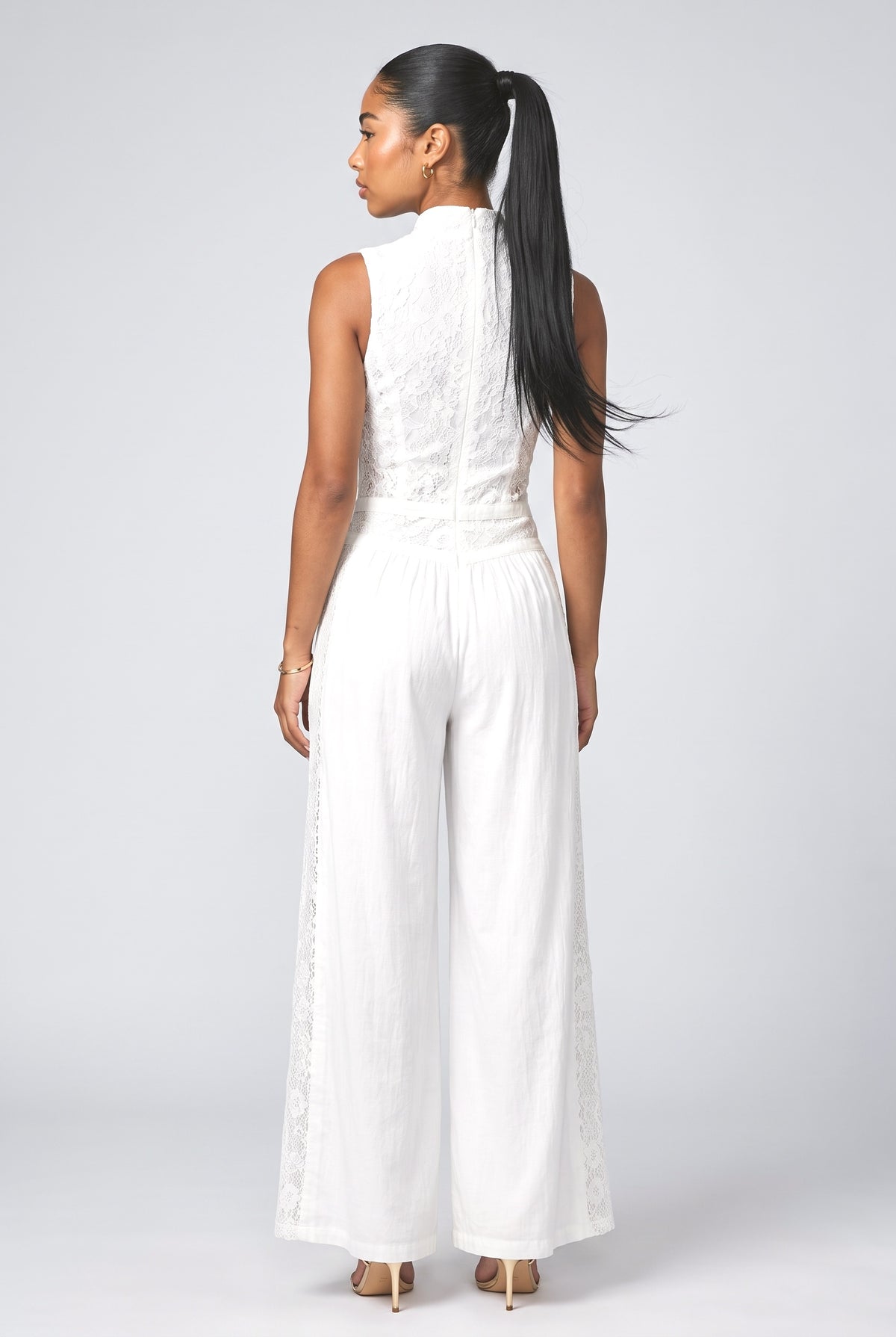 Lace Panel Wide Leg White Jumpsuit, back view